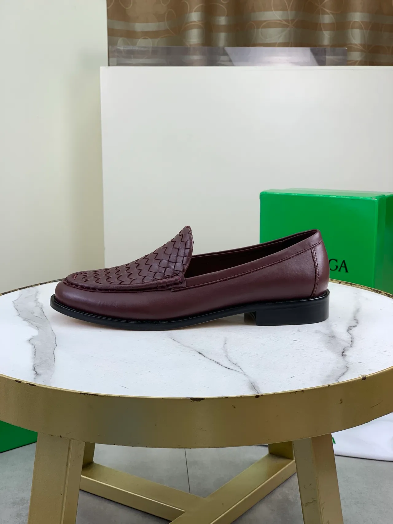 Bottega Veneta Andiamo Burgundy Black Intrecciato-Woven Vamp Smooth Leather Upper Loafer