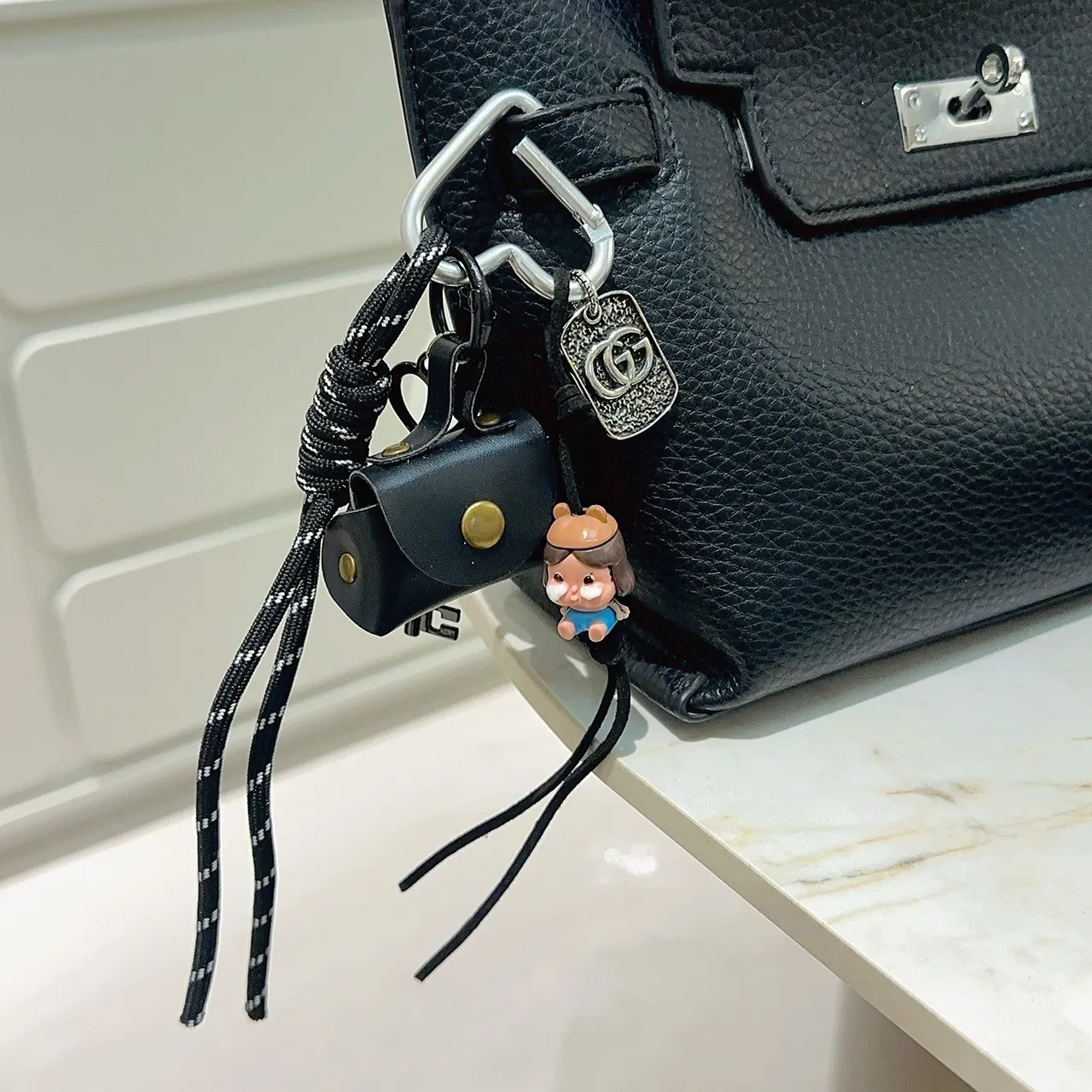 Gucci Black Gold Mini Leather Pouch Paracord Lanyard Camera Bag
