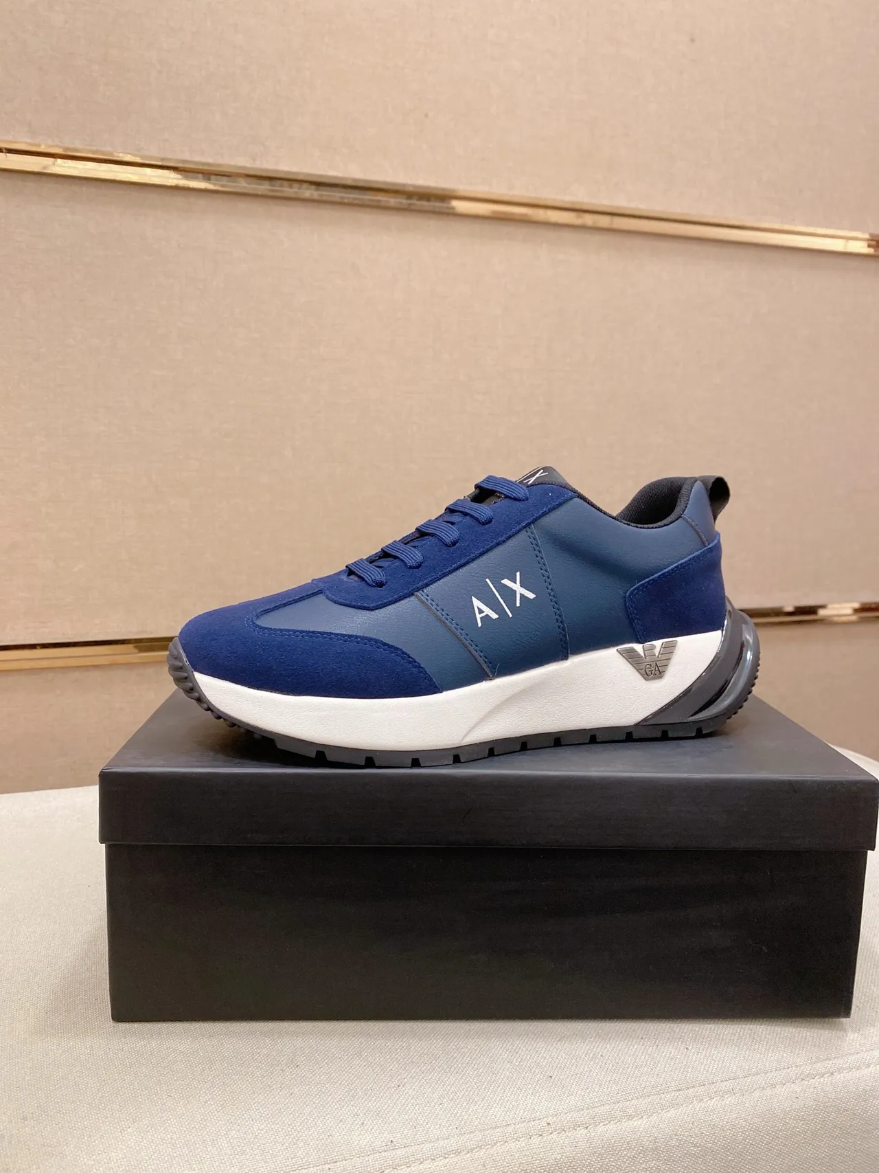 Armani Exchange Navy White Mixed-Material Upper Platform Sole Lifestyle Sneakers