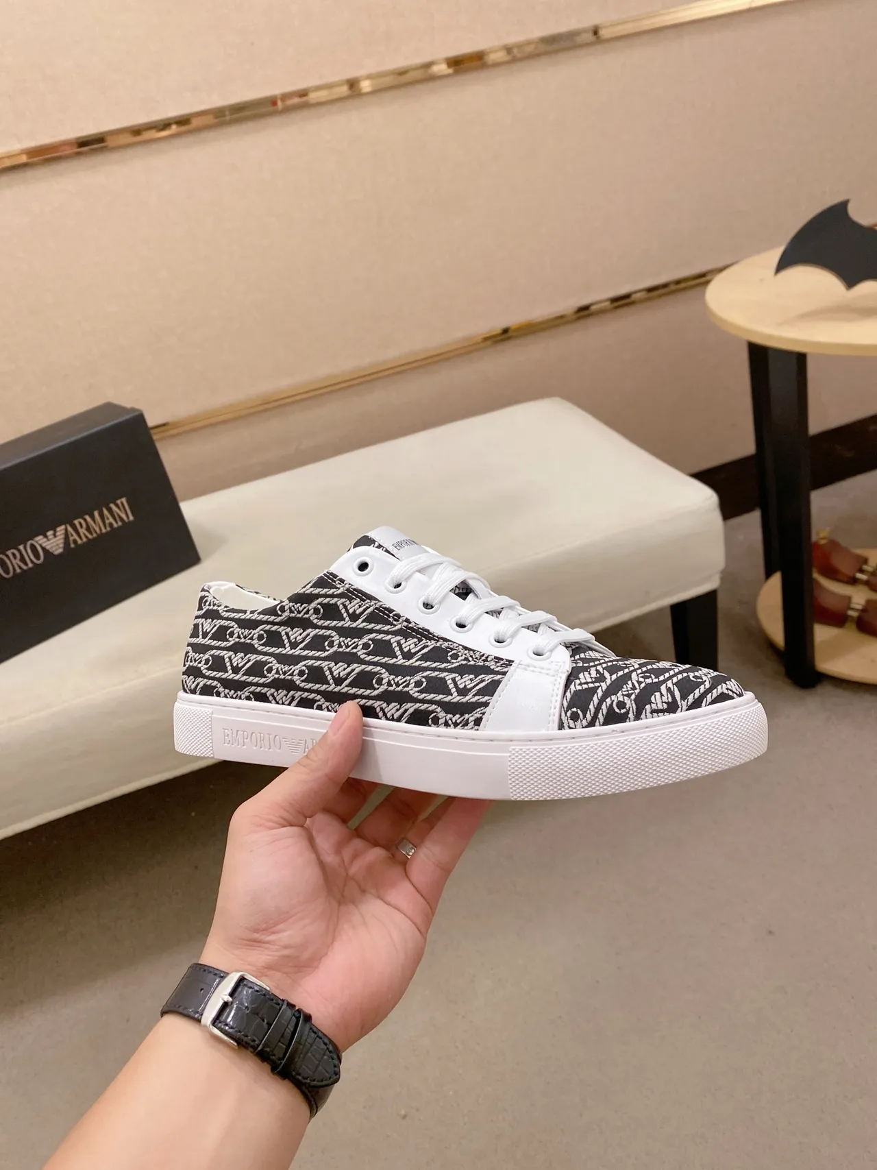 Emporio Armani Monogram-Print White-Accent Lifestyle Sneakers