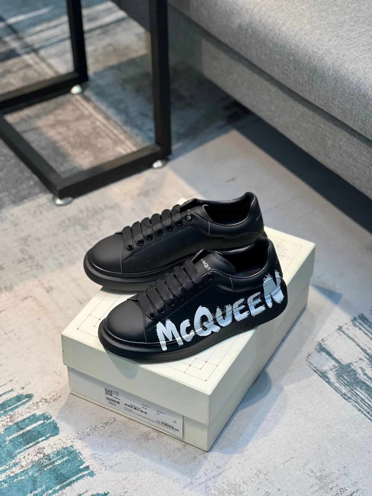 Alexander McQueen Oversized Sneaker Black White Platform Sole Graffiti-Style Logo Lifestyle Sneakers