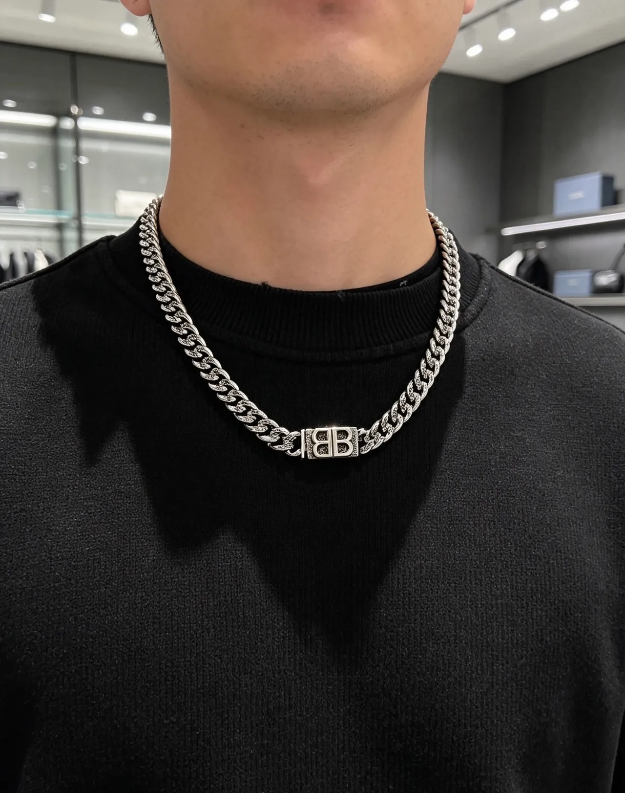 Balenciaga BB Chain Silver-Toned Textured Curb-Link Necklace