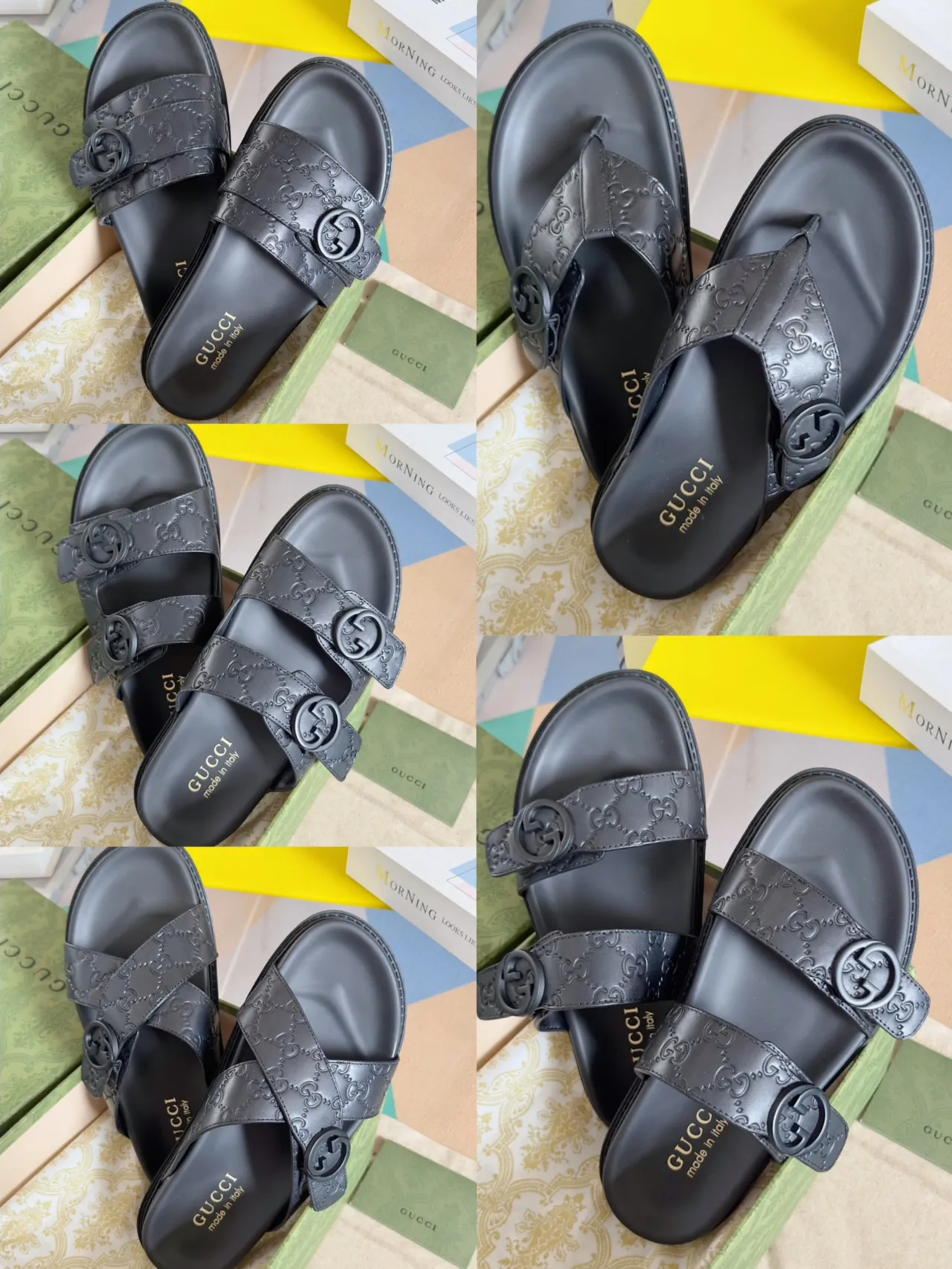 Gucci Ophidia Black Gold Embossed GG Monogram Interlocking G Buckles Casual Sandals