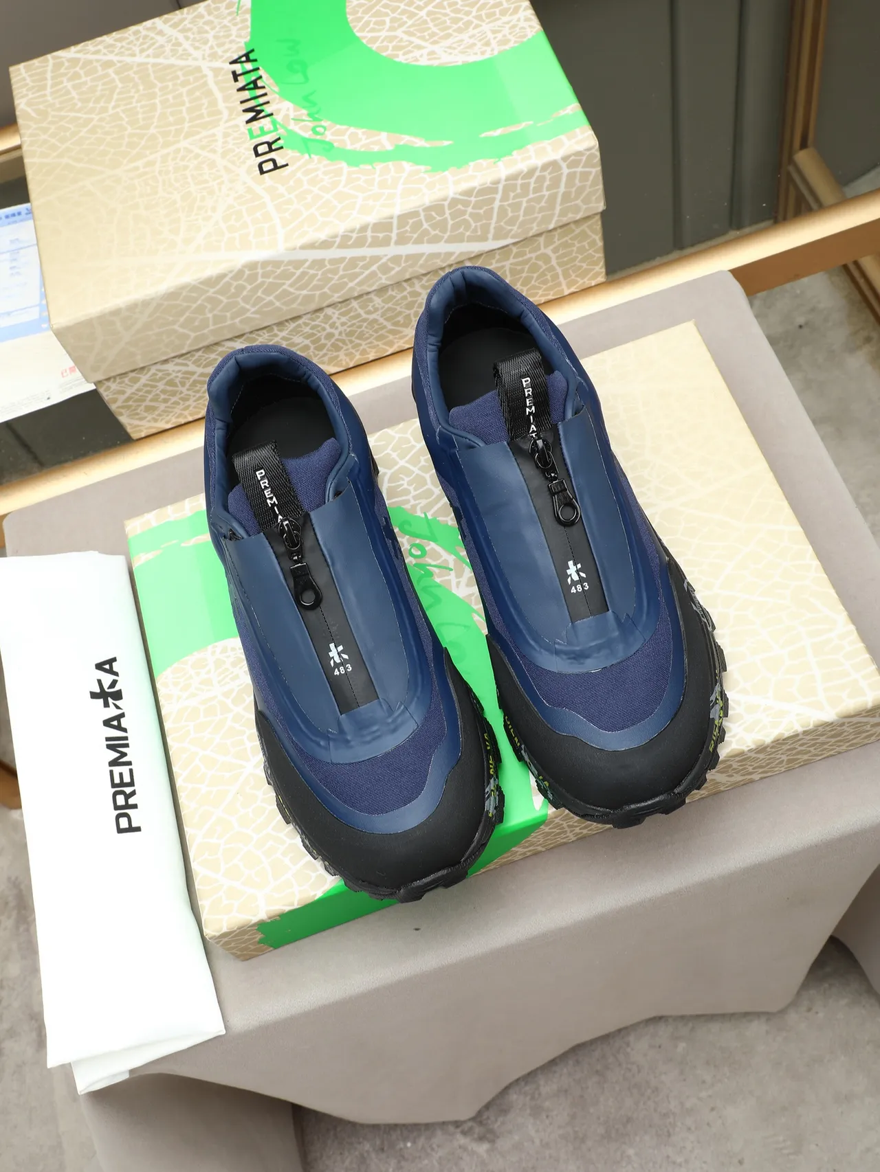 Premiata Navy Black Laceless Zip-Closure Upper Rugged Vibram Outsole Lifestyle Sneakers