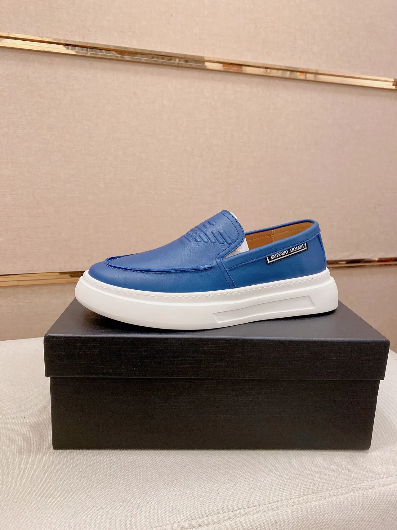 Emporio Armani Blue White Leather Upper Embossed Vamp Loafer