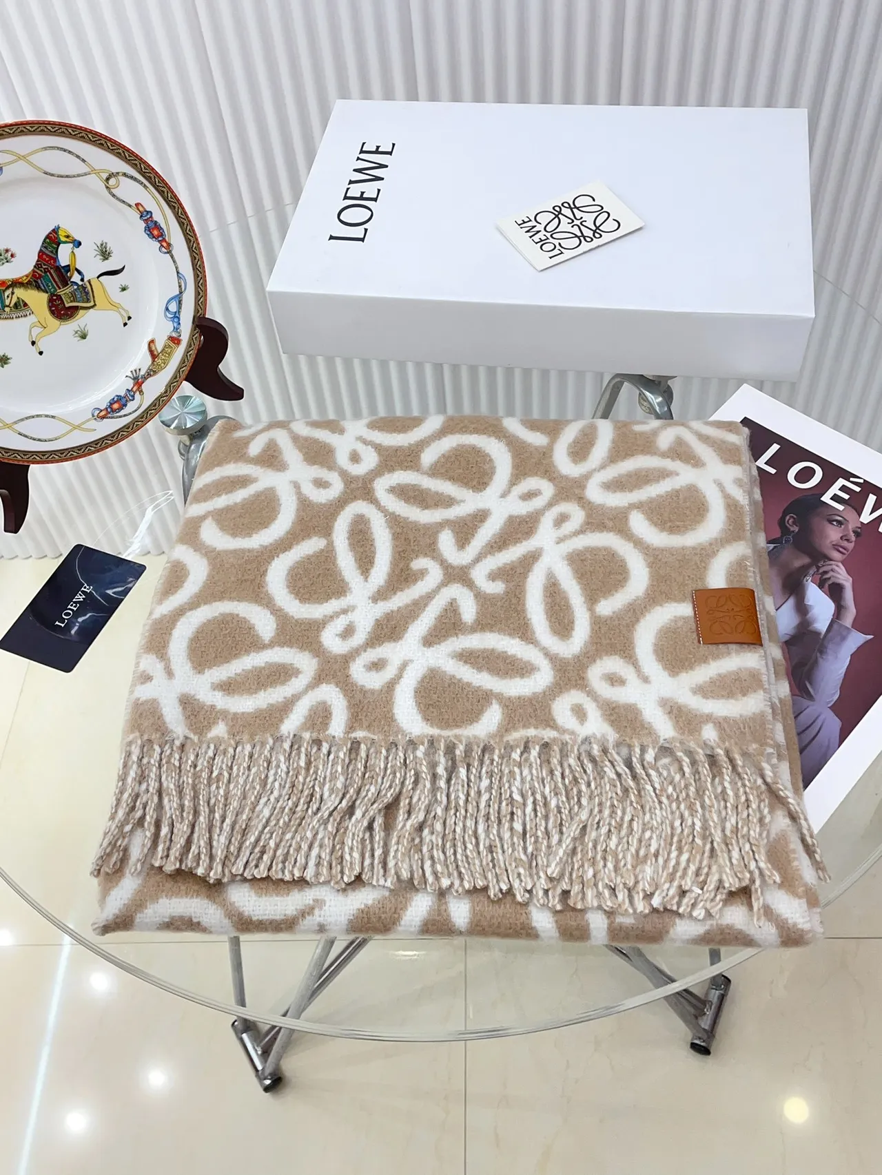 Beige and Cream Abstract Loop Pattern Cashmere Scarf