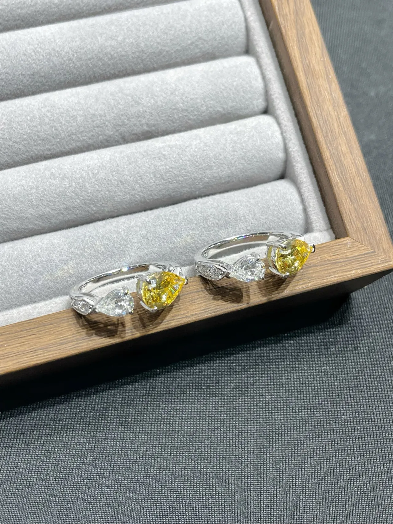 Yellow and Clear Pear-Cut Dual-Stone Asymmetrical Rings