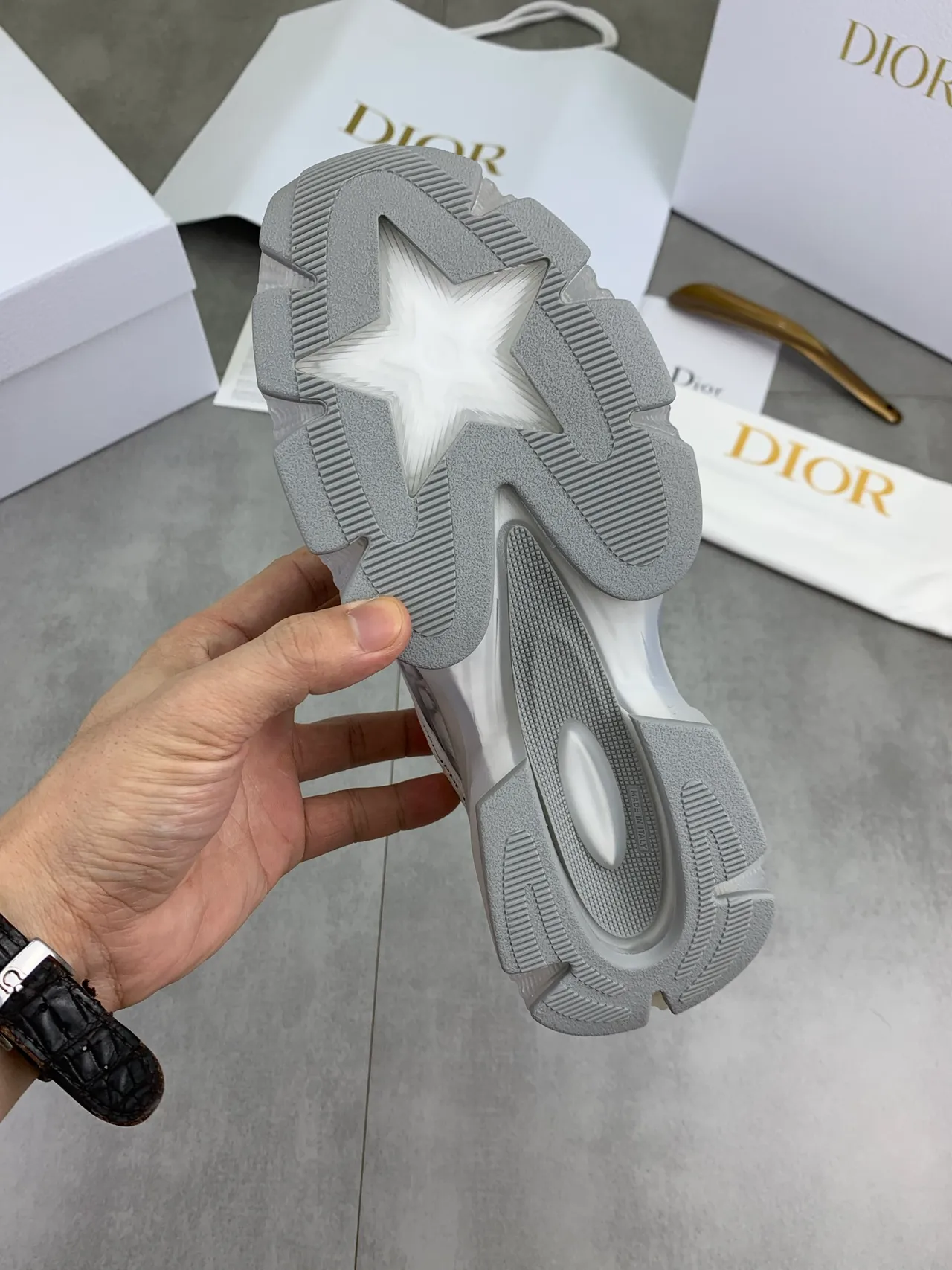 Dior White Gray Monogram-Print Overlay Translucent Midsole Window Chunky Sneakers