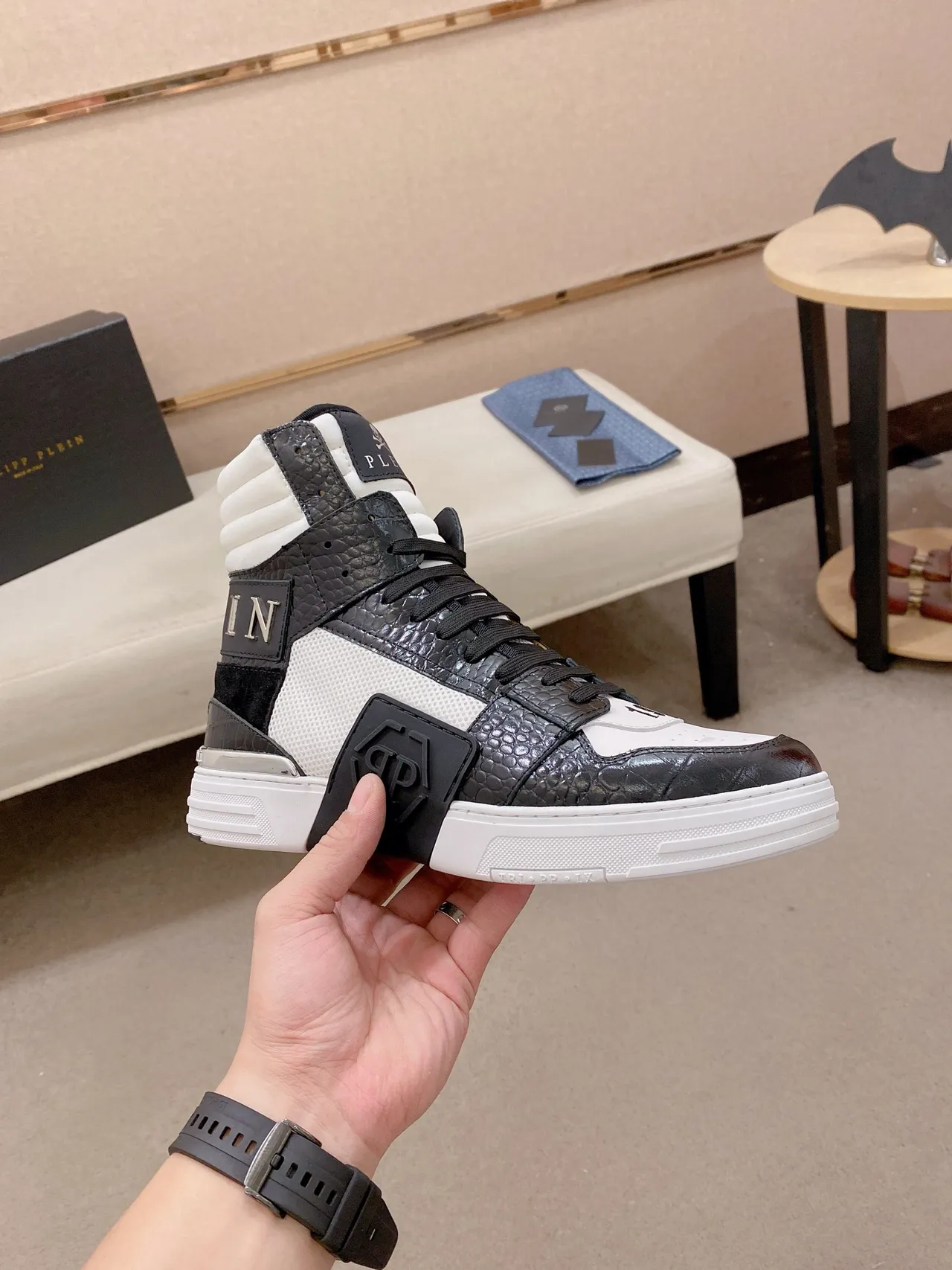 Philipp Plein Black White High-Top Crocodile-Embossed Leather Sneakers