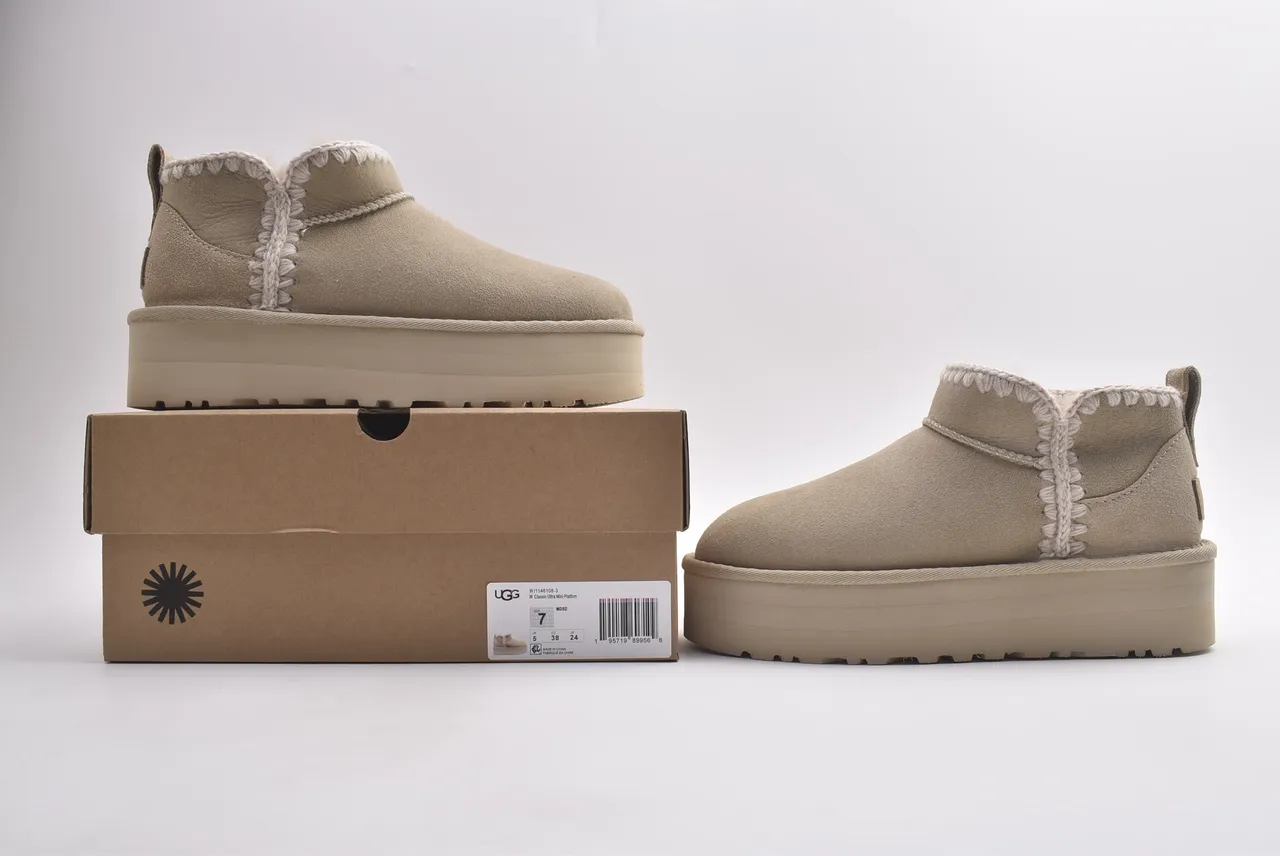 UGG Beige White Platform Sole Braided Trim Snow Boots