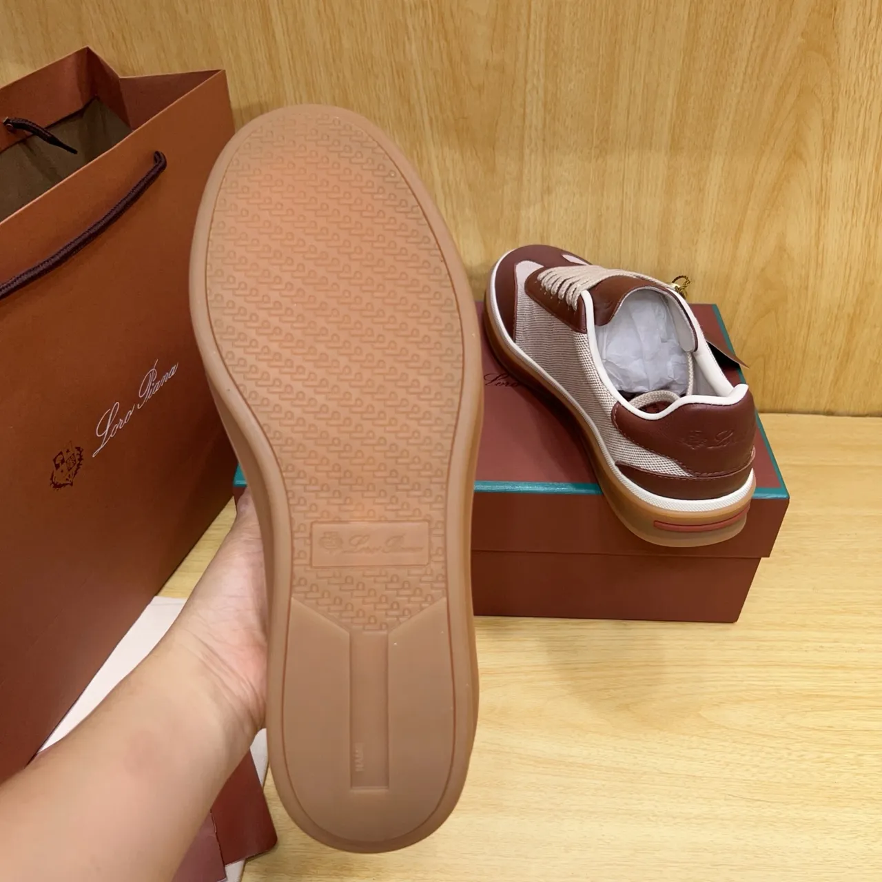Loro Piana Beige Brown Mixed-Material Upper Leather-and-Textile Paneling Sneakers
