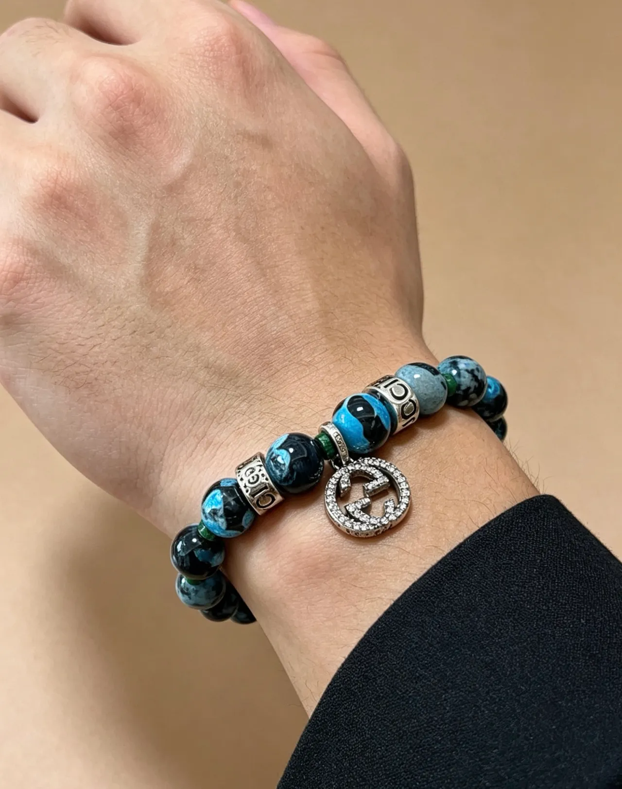 Gucci Blue Black Marbled Agate-Style Beads Pavé Crystal GG Charm Bracelet