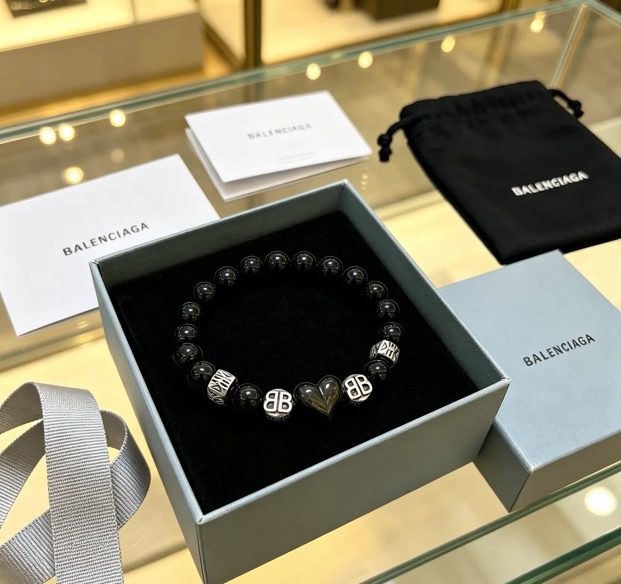 Balenciaga Black Bead and BB Charm Bracelet
