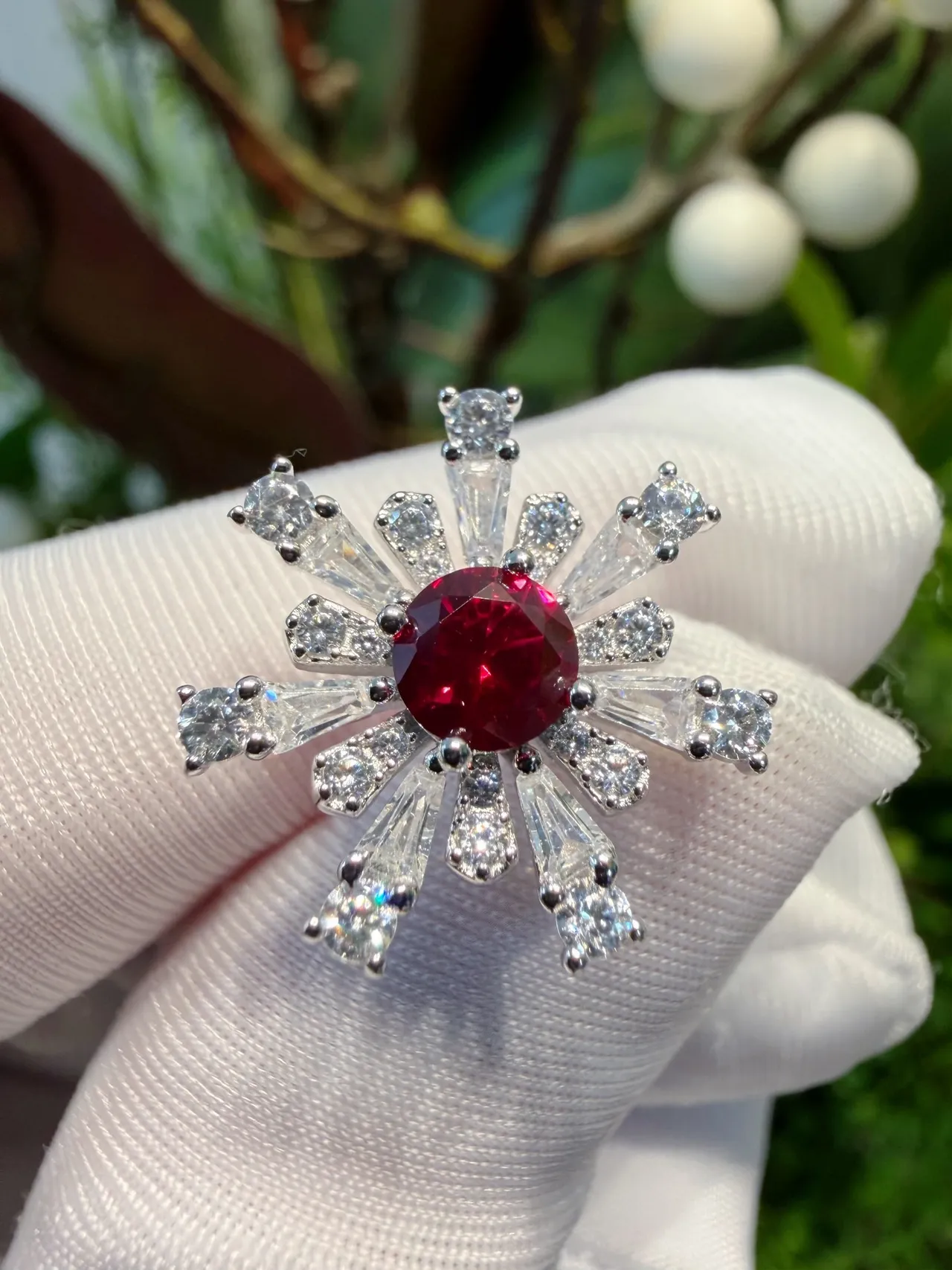 Snowflake-Style Red Gemstone and Diamond Brooch
