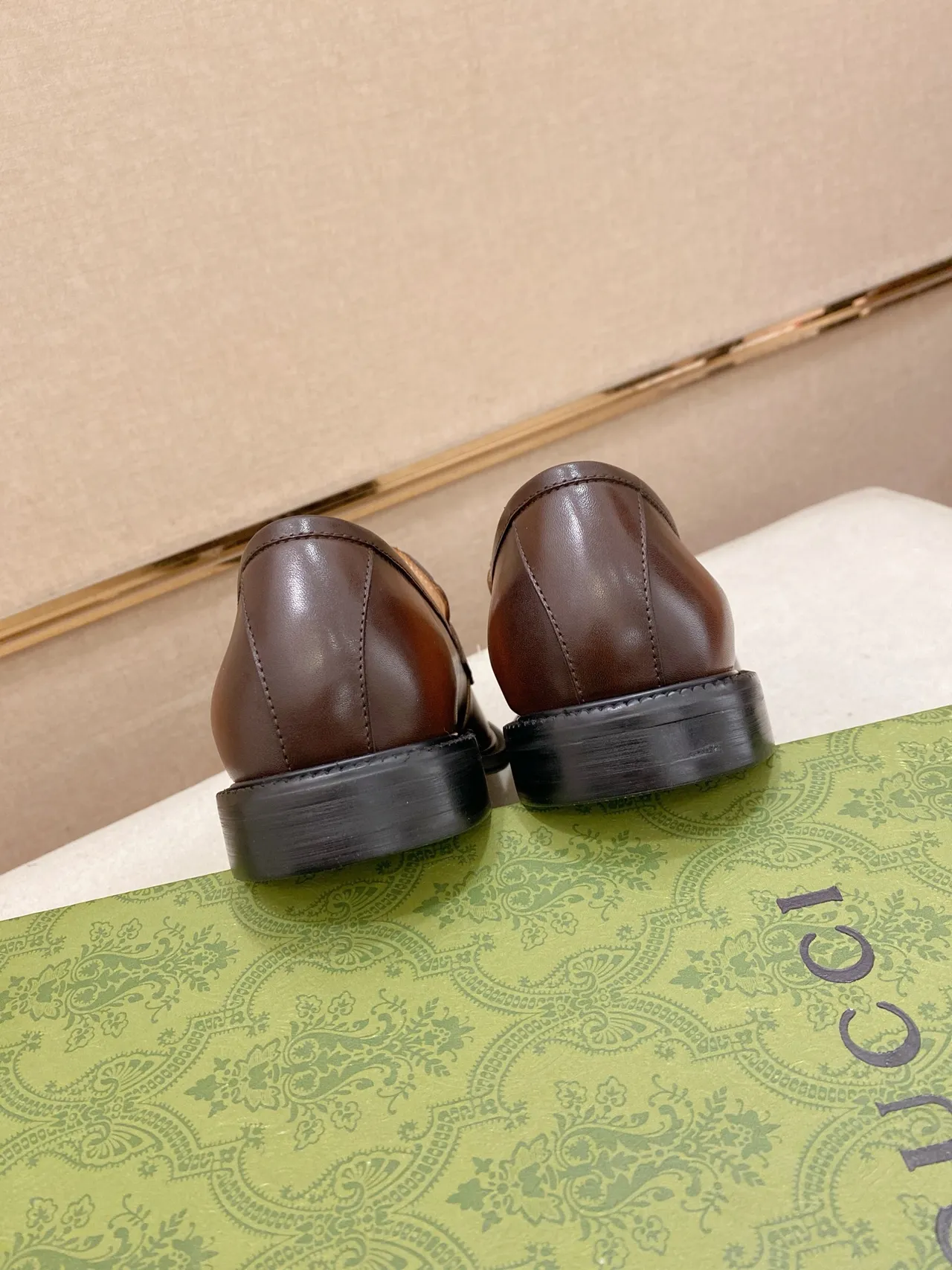 Gucci Brown Green Embossed GG Monogram Moccasin-Stitched Toe Loafer