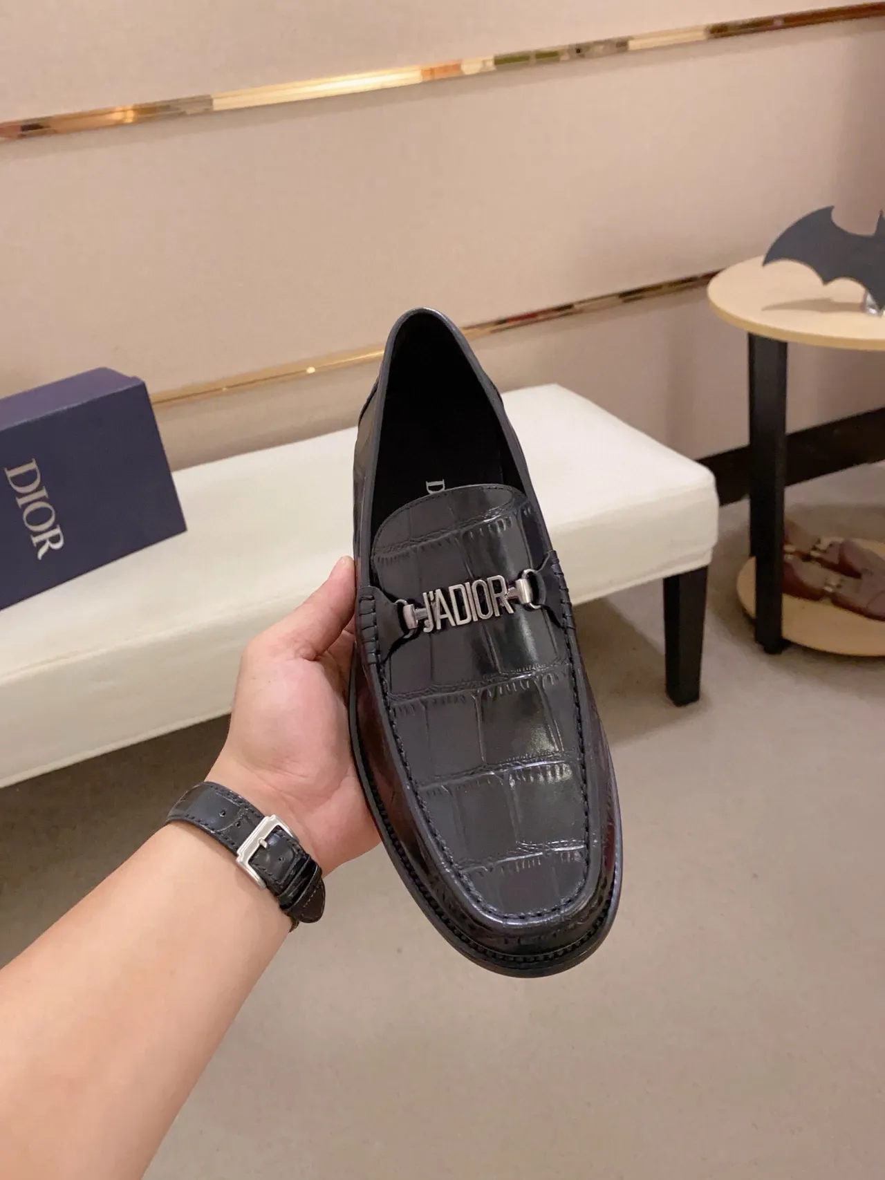 Dior Black Croc-Embossed Leather Metal Logo Strap Loafer