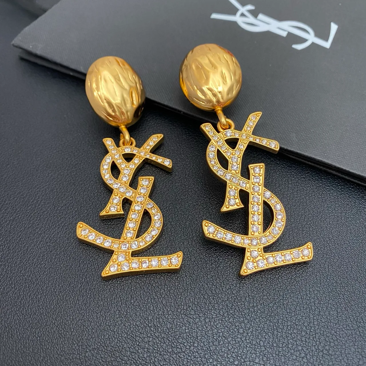 Saint Laurent YSL Monogram Pavé Crystal Gold Dangling Earrings