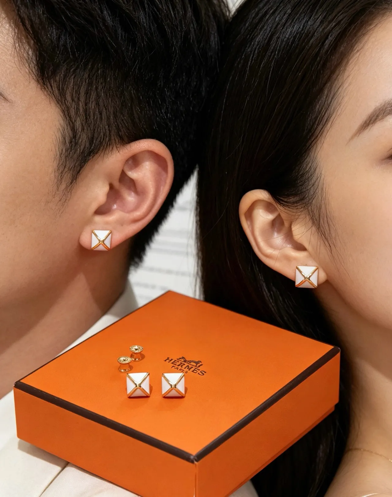 Hermès Collier de Chien White Gold Square Enamel X Motif Earrings