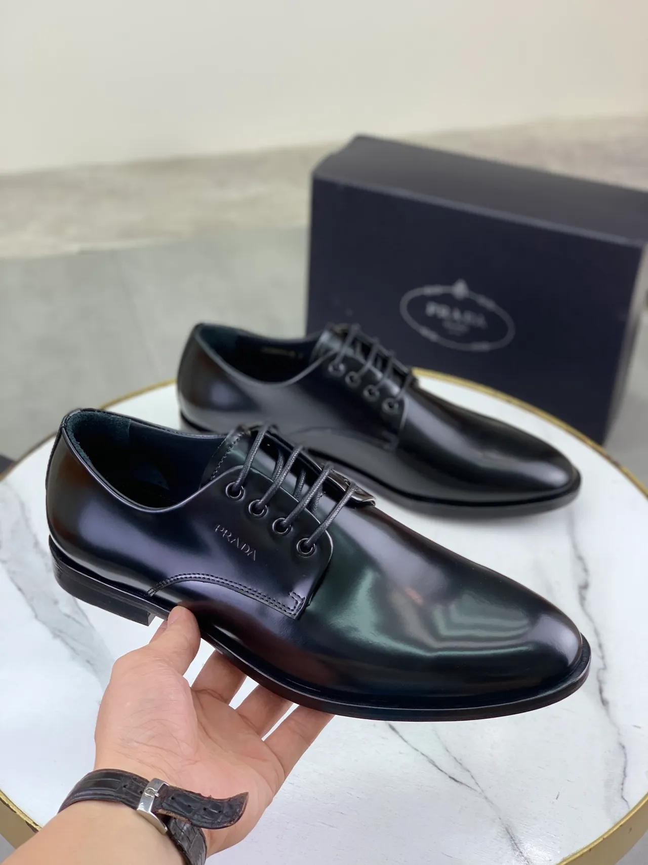 Prada Black Polished Leather Cap Toe Oxford Shoes