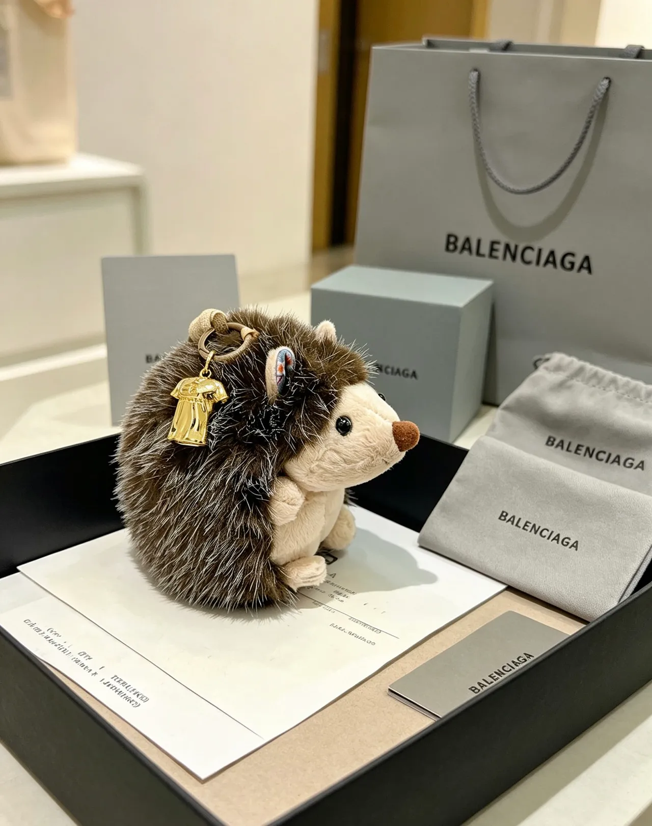 Balenciaga Brown Gold Plush Hedgehog Faux Fur Crossbody Bag