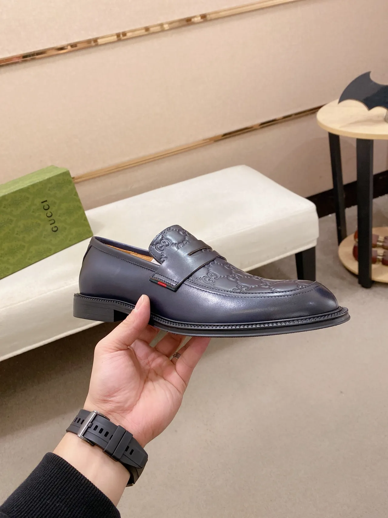 Gucci GG Marmont Loafer Navy Blue Monogram Leather Loafers