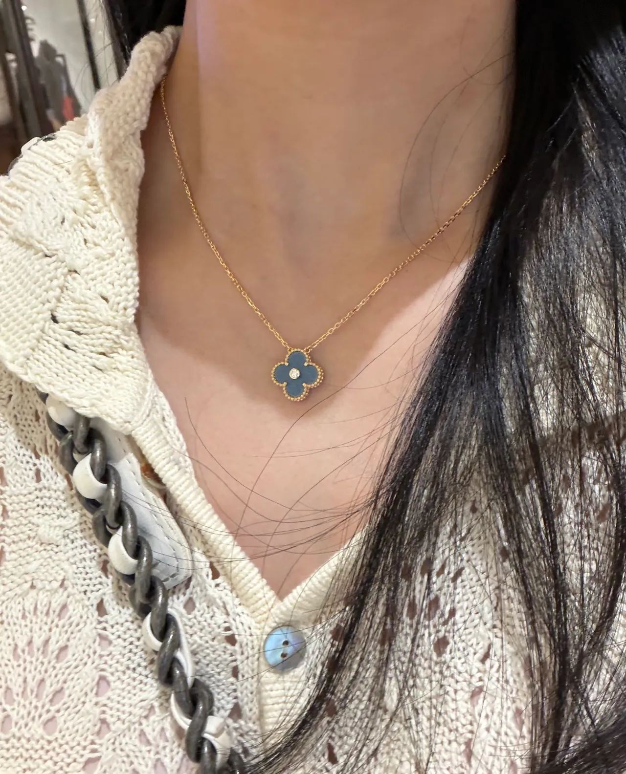 Van Cleef & Arpels Alhambra Blue Enamel Gold-Tone Diamond Pendant Necklace