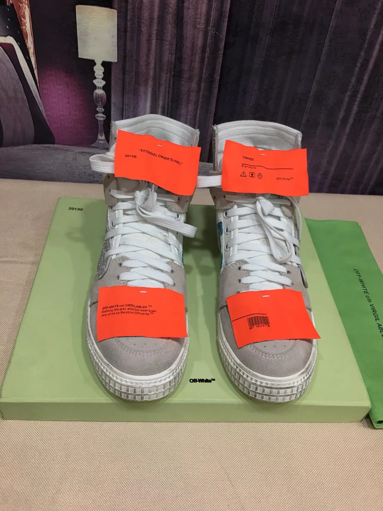 Off-White Beige Silver High-Top Glitter-Accented Lifestyle Sneakers