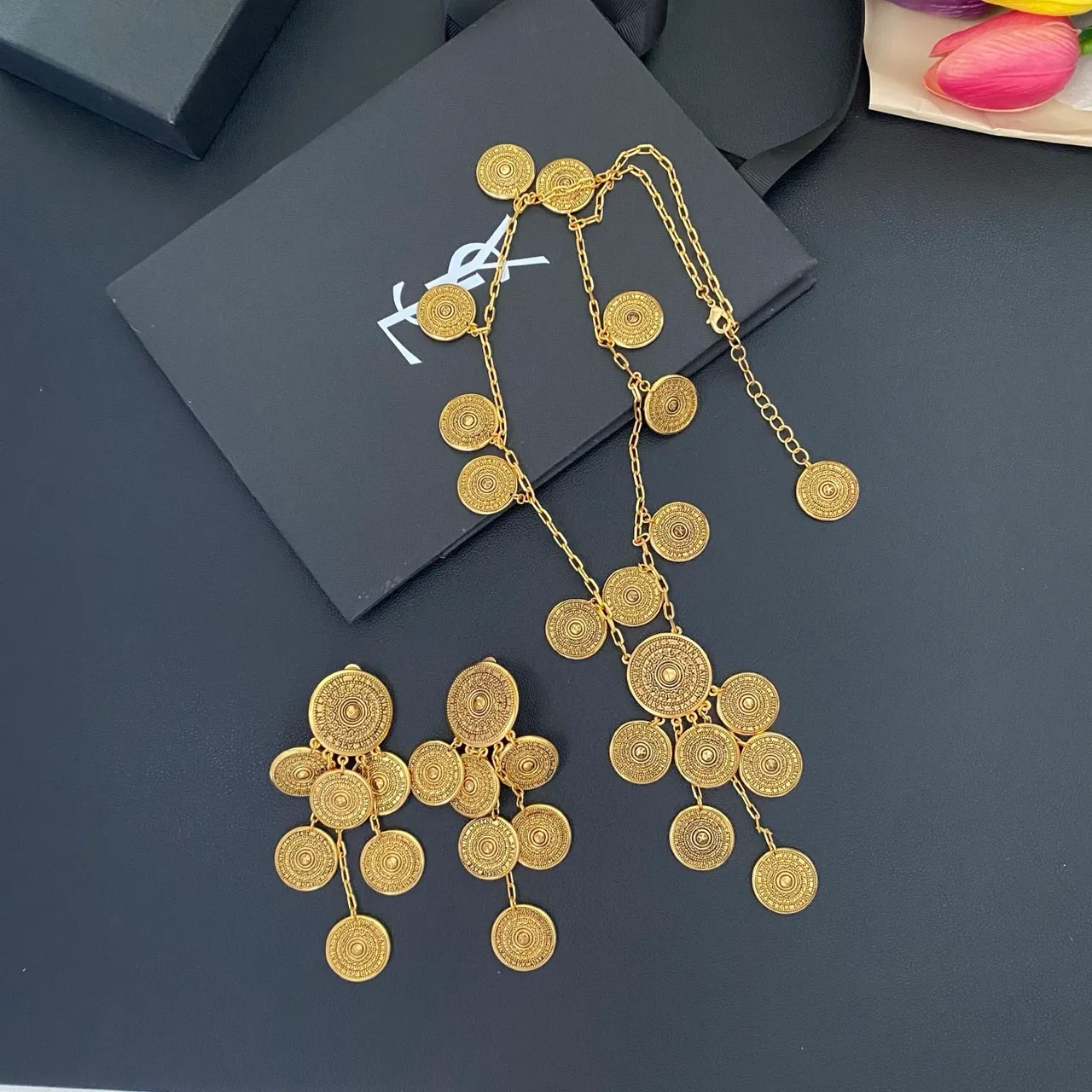 Saint Laurent Gold Coin-Inspired Multi-Tiered Chain Necklace