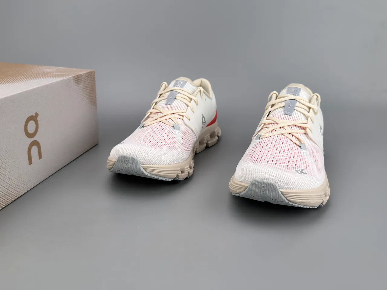 On Beige Red Open Hexagonal CloudTec Pods Minimalist Lacing System Sneakers