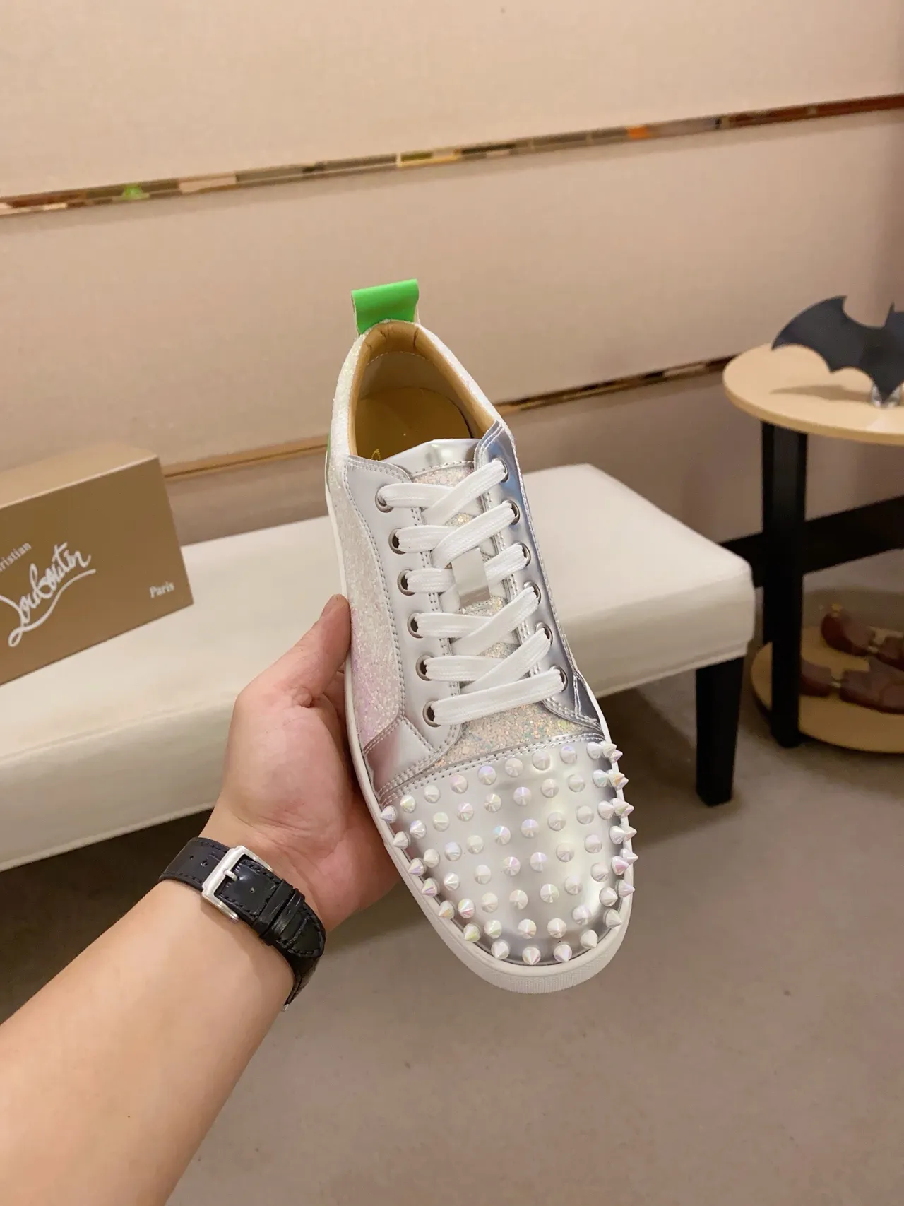 Christian Louboutin Silver Green Spiked Toe Iridescent Glitter Upper Lifestyle Sneakers