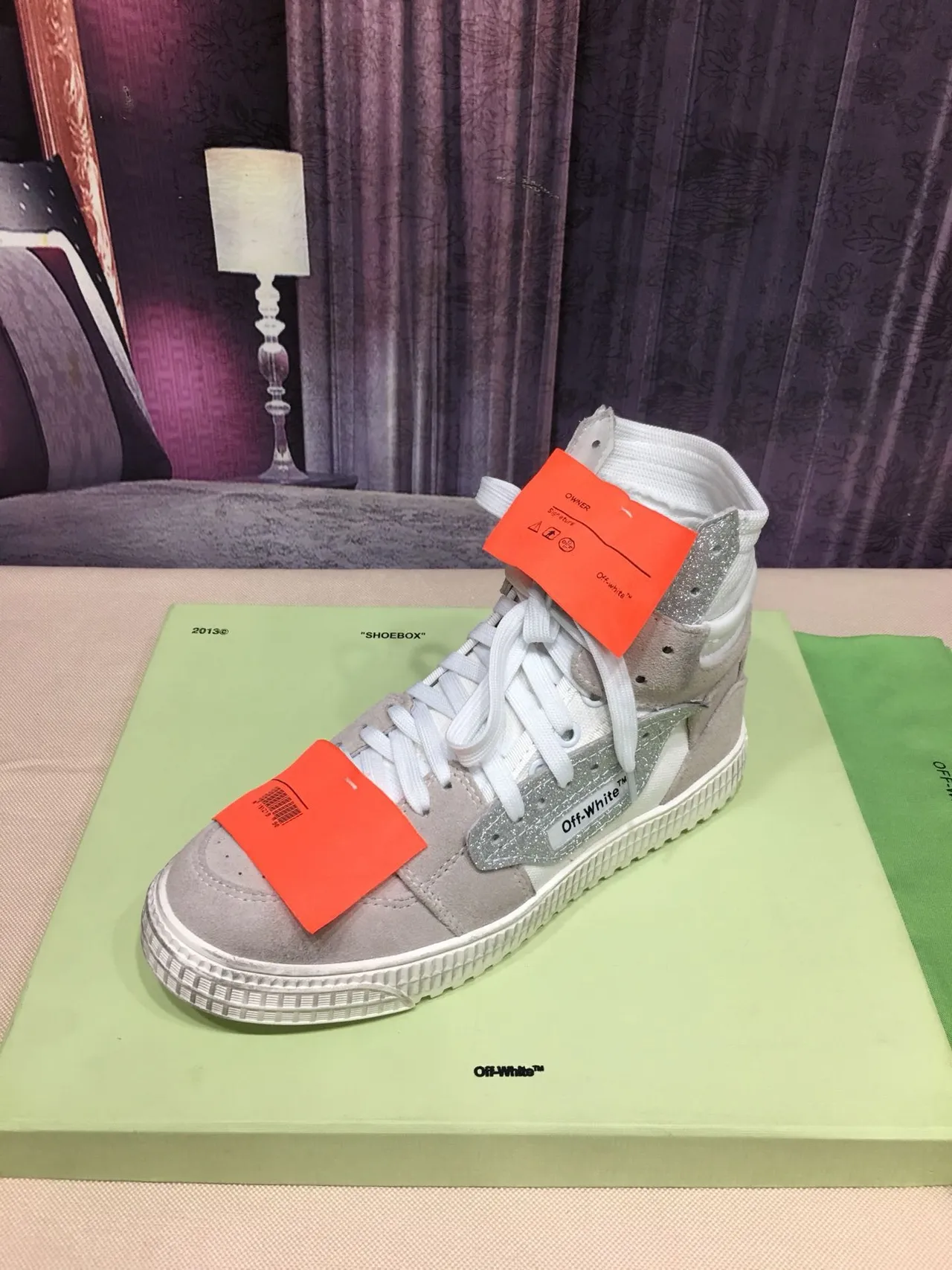 Off-White Beige Silver High-Top Glitter-Accented Lifestyle Sneakers