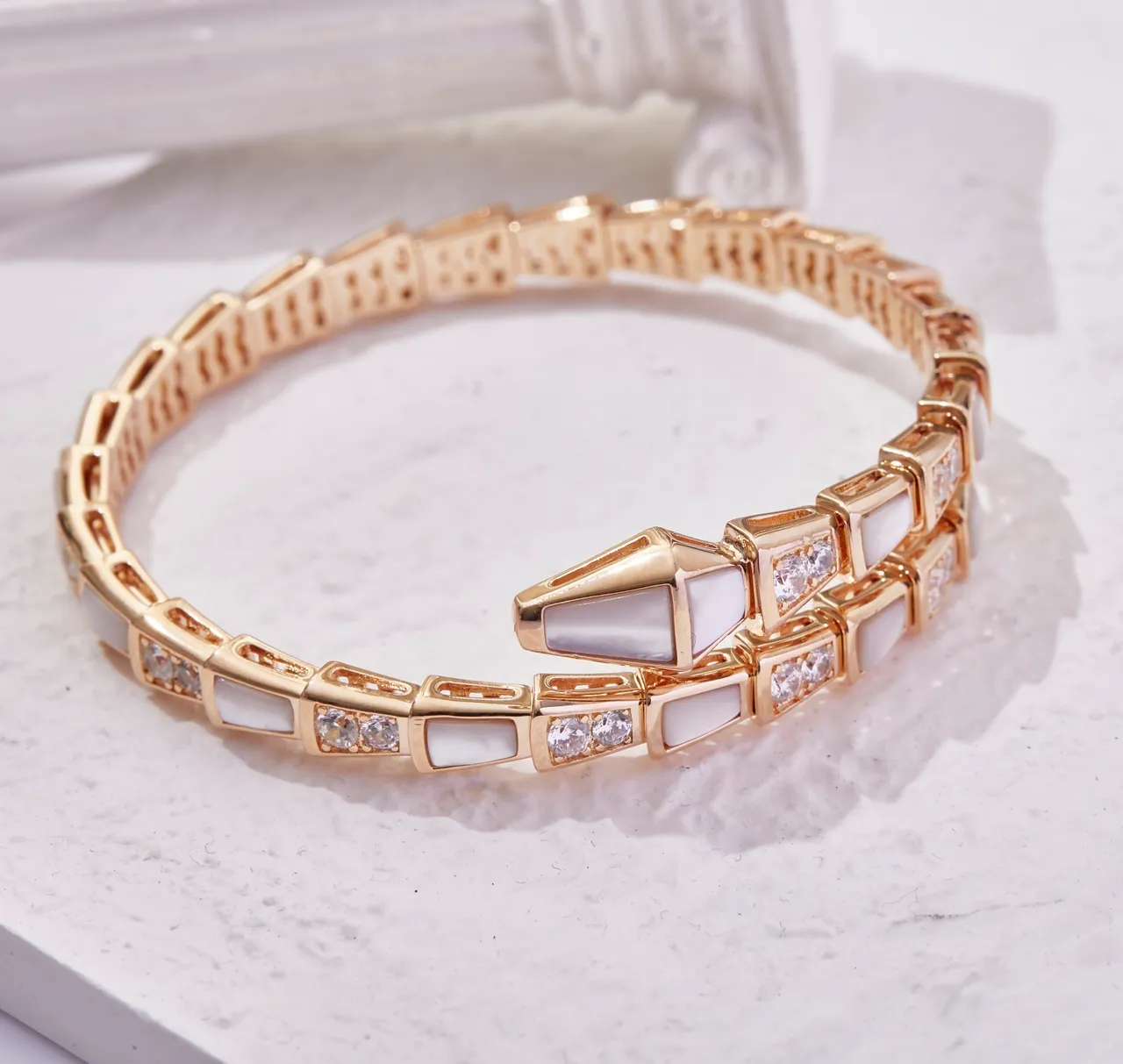 Bvlgari Serpenti Coiled Gold-Tone Mother-of-Pearl and Crystal Bracelet