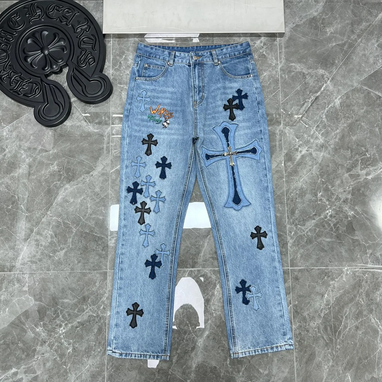 Chrome Hearts Cross Appliqué Light Wash Denim Jeans