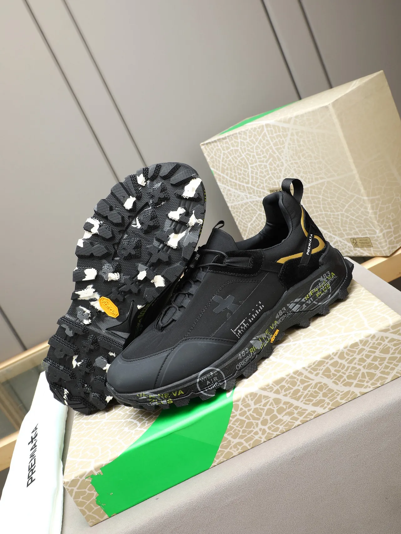Premiata Black Gold Sole Mixed-Material Upper Chunky Sneakers