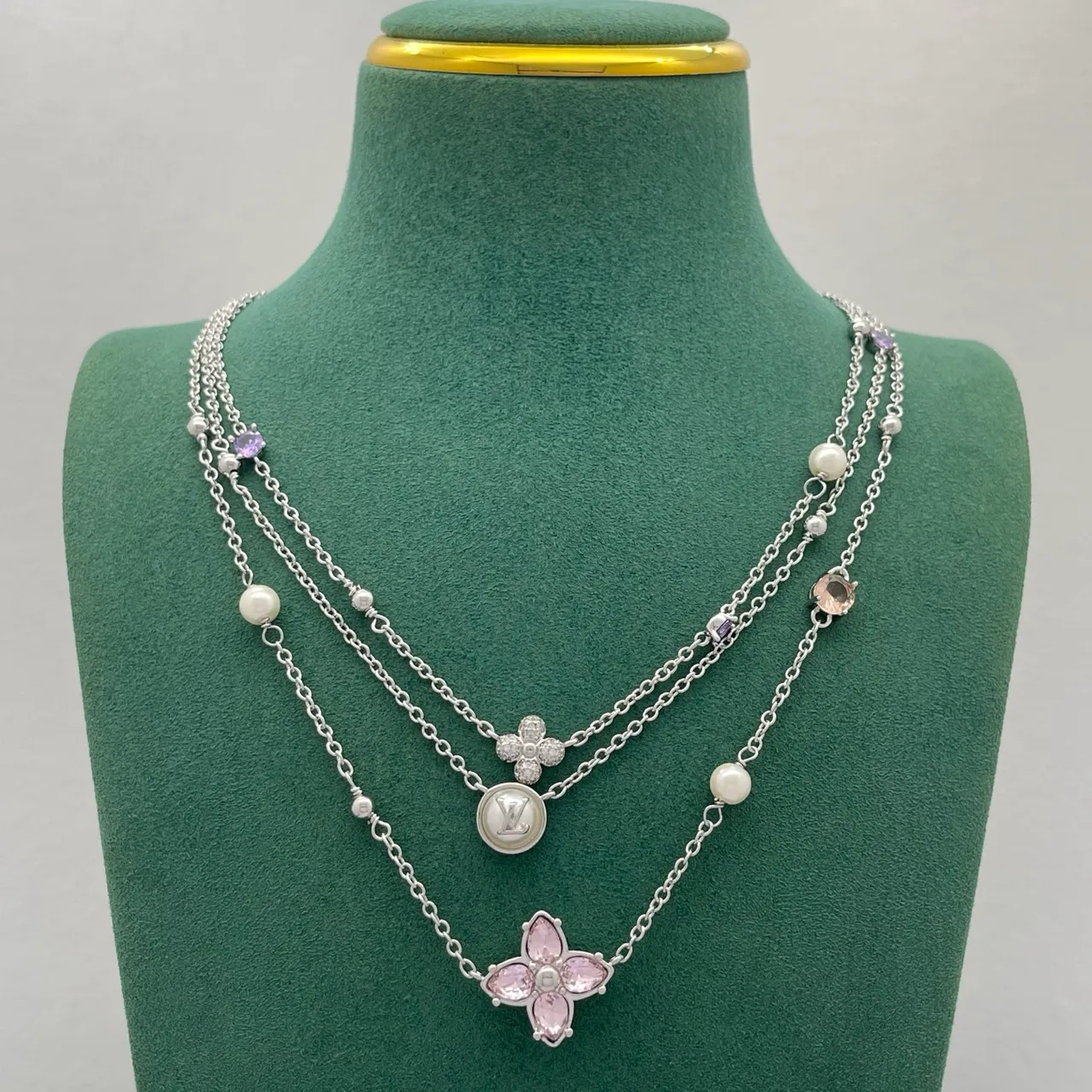 Louis Vuitton Silver Pink Multi-Strand Layered Chain Necklace