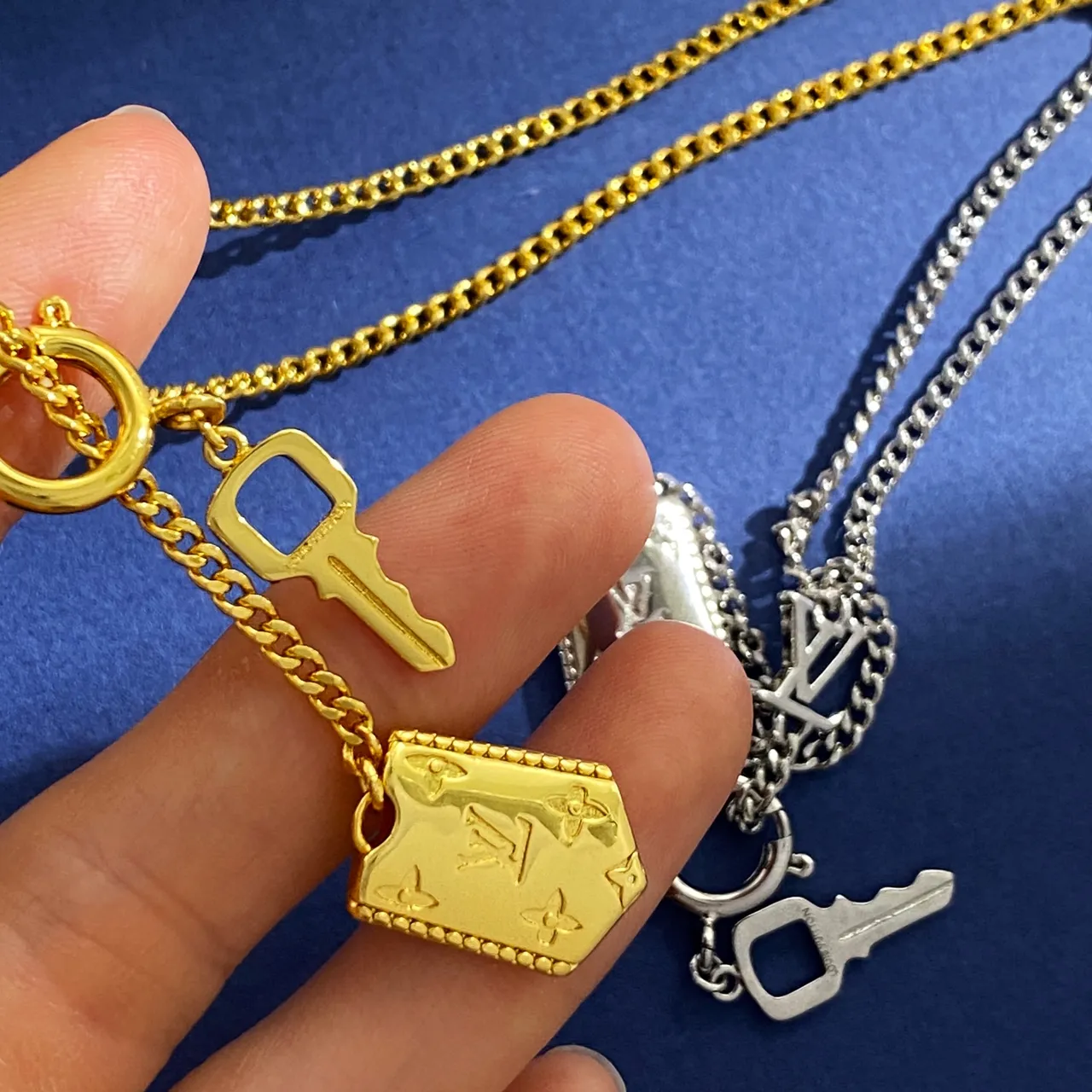 Louis Vuitton Gold Silver Chain-Link Monogram Pendant Necklace