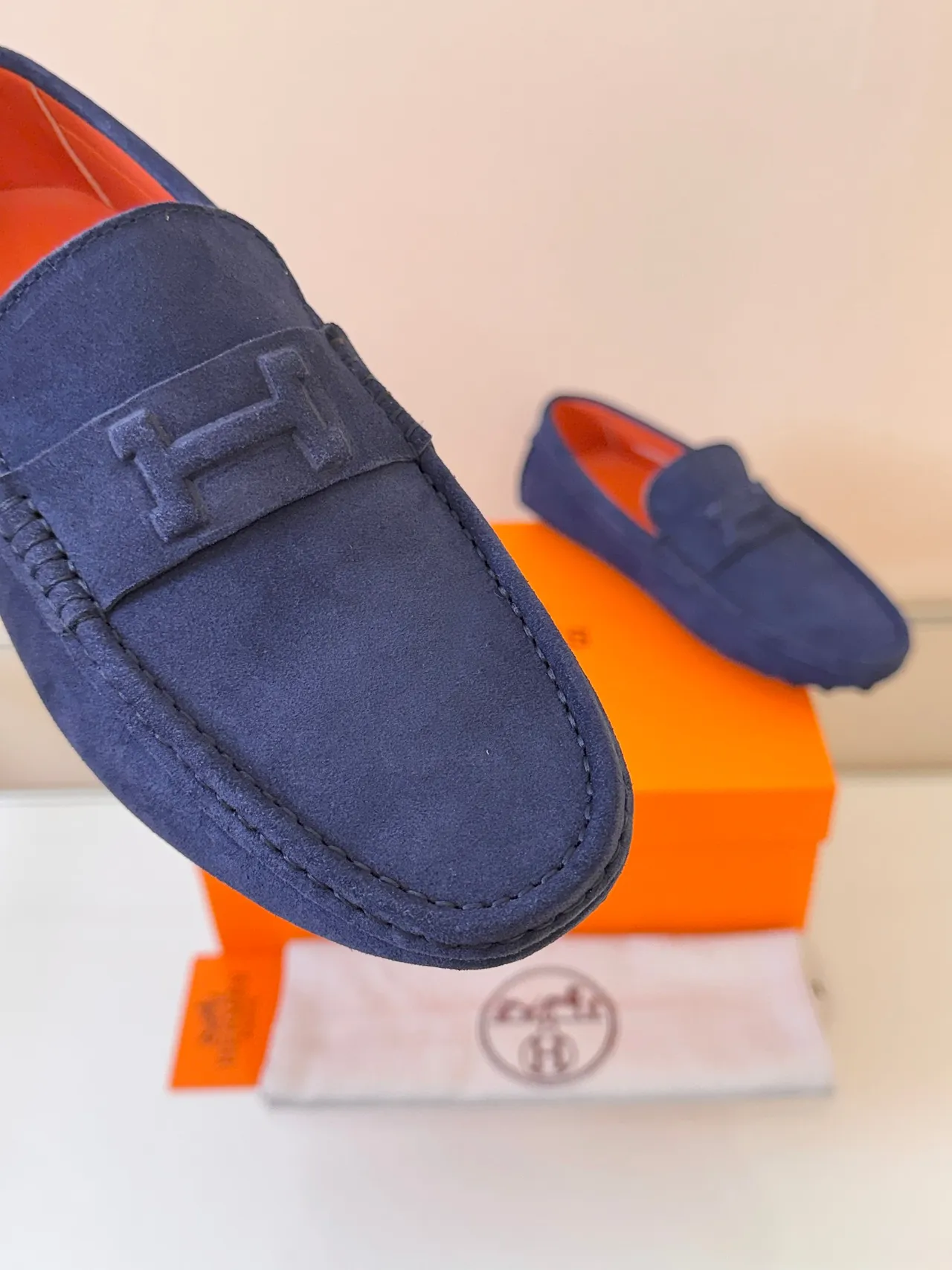 Hermès H-Strap Loafer Navy Orange Suede Upper Detail Loafer