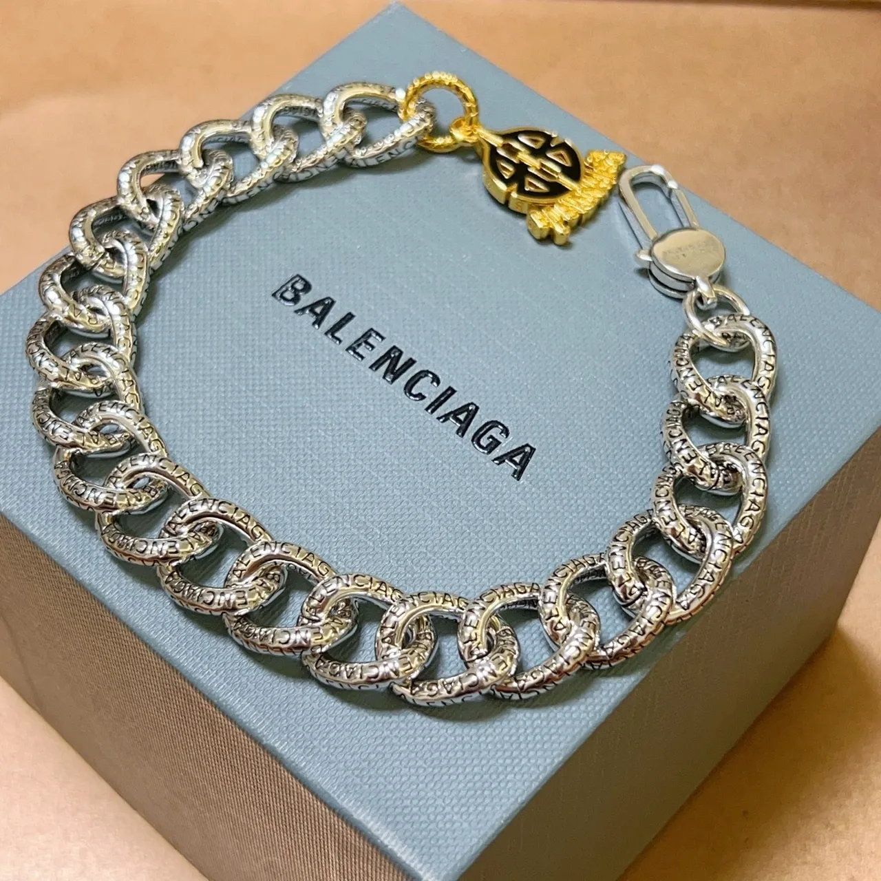 Balenciaga Logo Chain Silver Gold Chunky Oval-Link Engraved Brand Lettering Bracelet