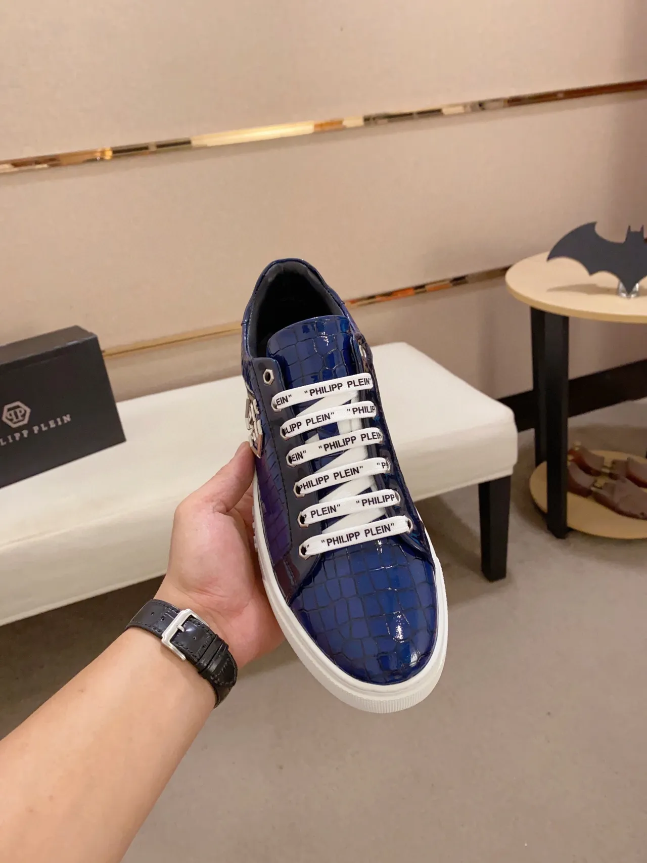 Philipp Plein Blue Croc-Embossed Logo Sneaker