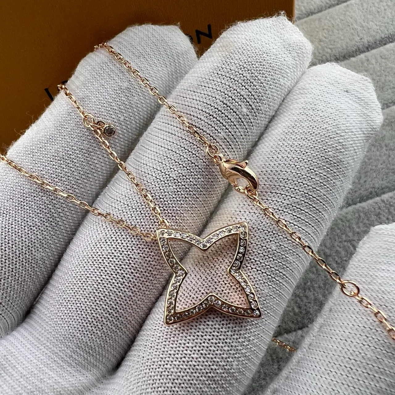 Louis Vuitton Monogram Star Gold Silver Openwork Pendant Pavé-Set Stones Necklace