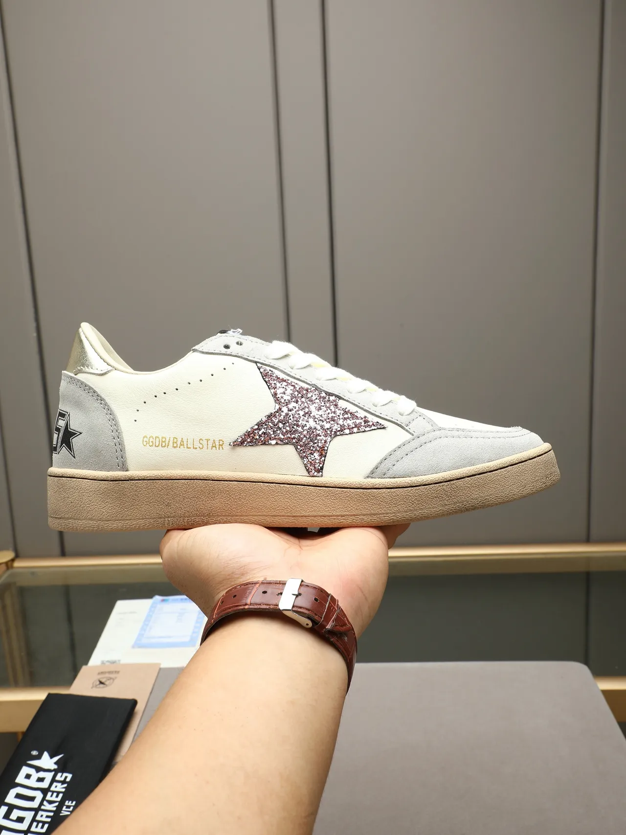 Golden Goose Ball Star Off-White and Gray Glitter Star Lifestyle Sneakers