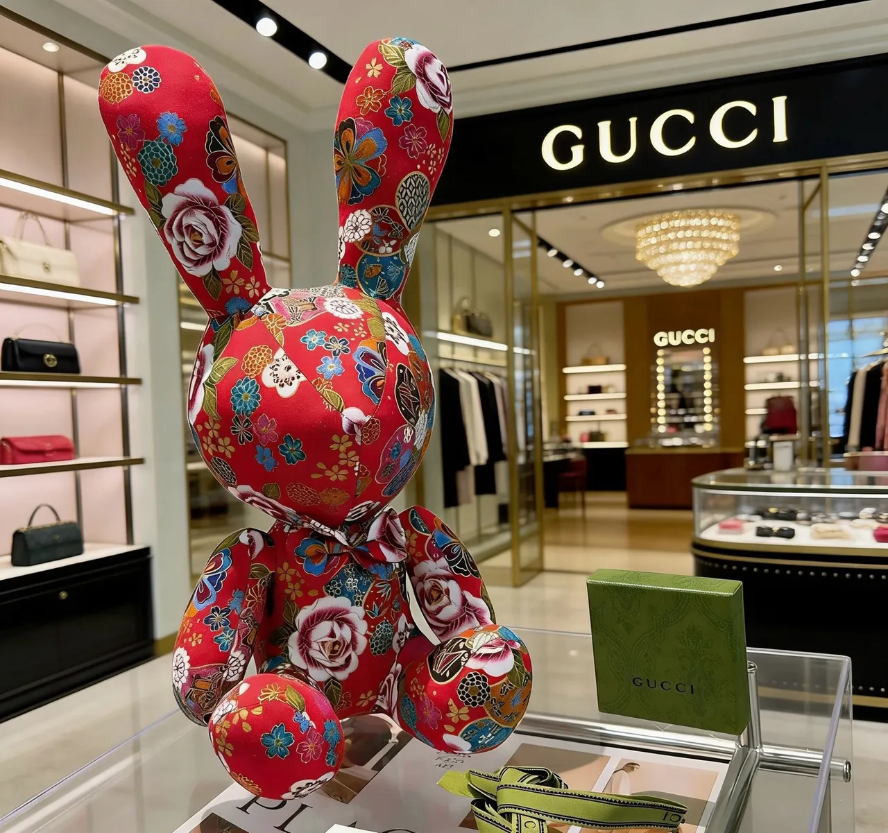 Gucci Red Multicolor Plush Stuffed Rabbit Floral Patchwork Print Handbag