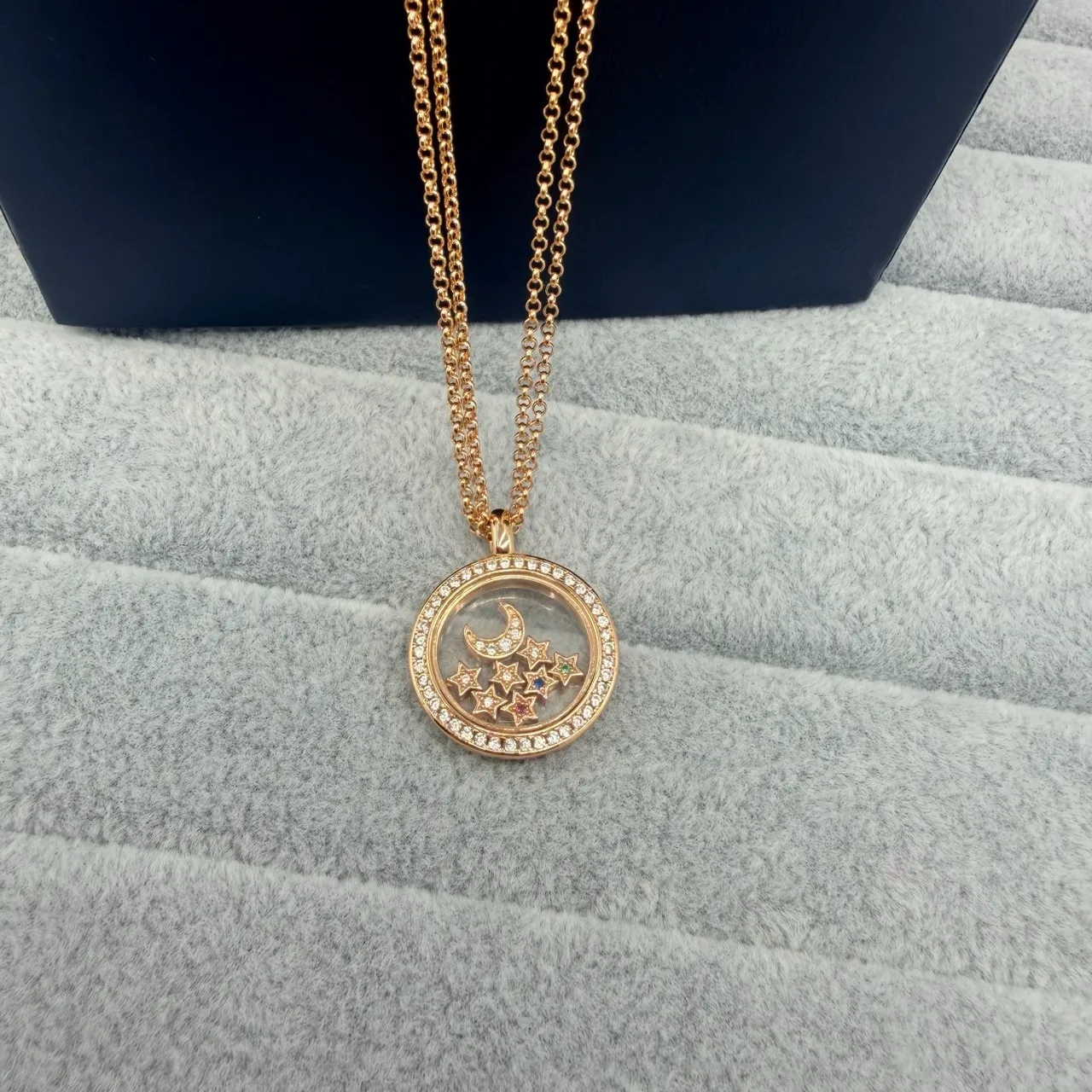 Chopard Happy Stars Silver Gold Circular Locket Pendant Pavé Diamond Bezel Necklace