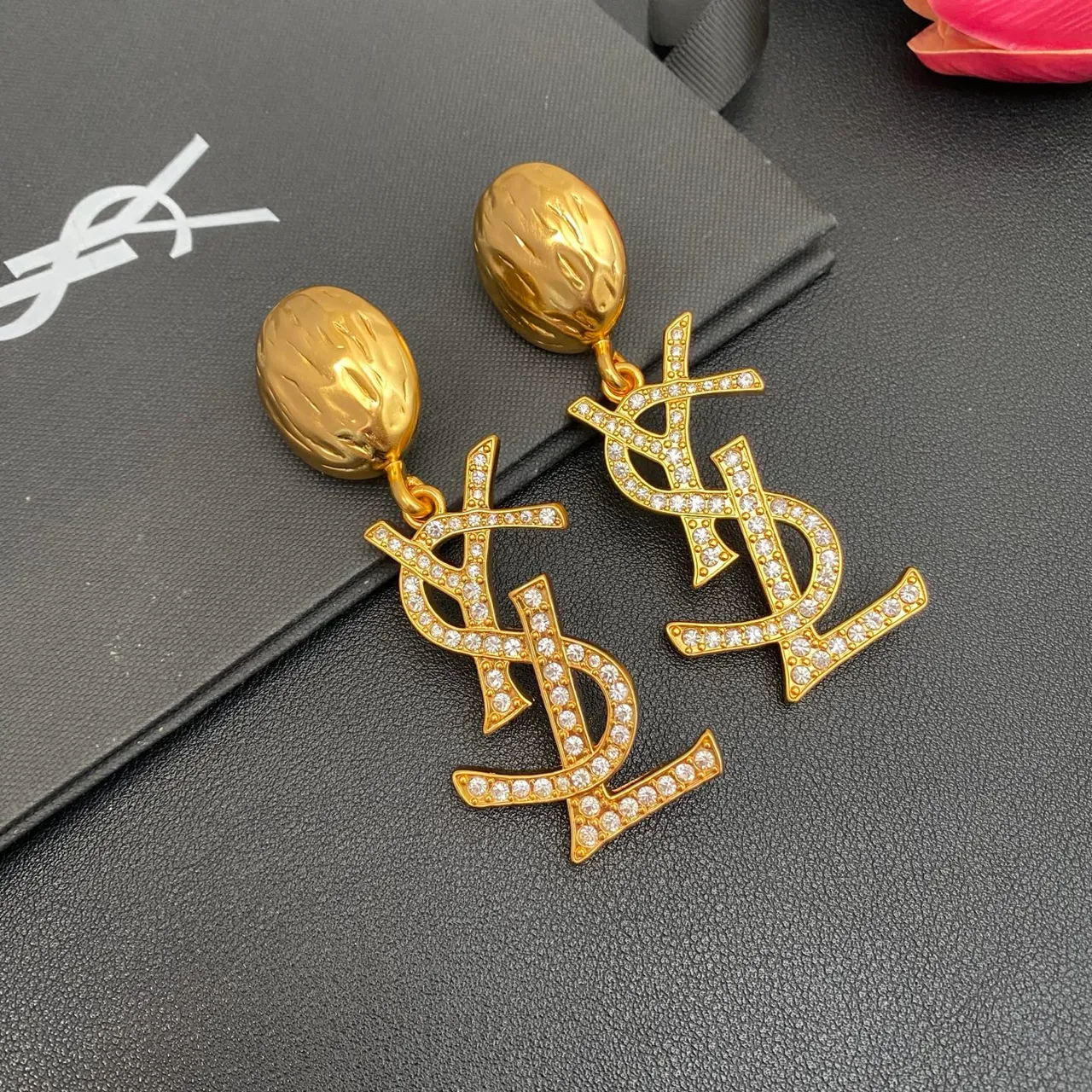Saint Laurent YSL Monogram Pavé Crystal Gold Dangling Earrings