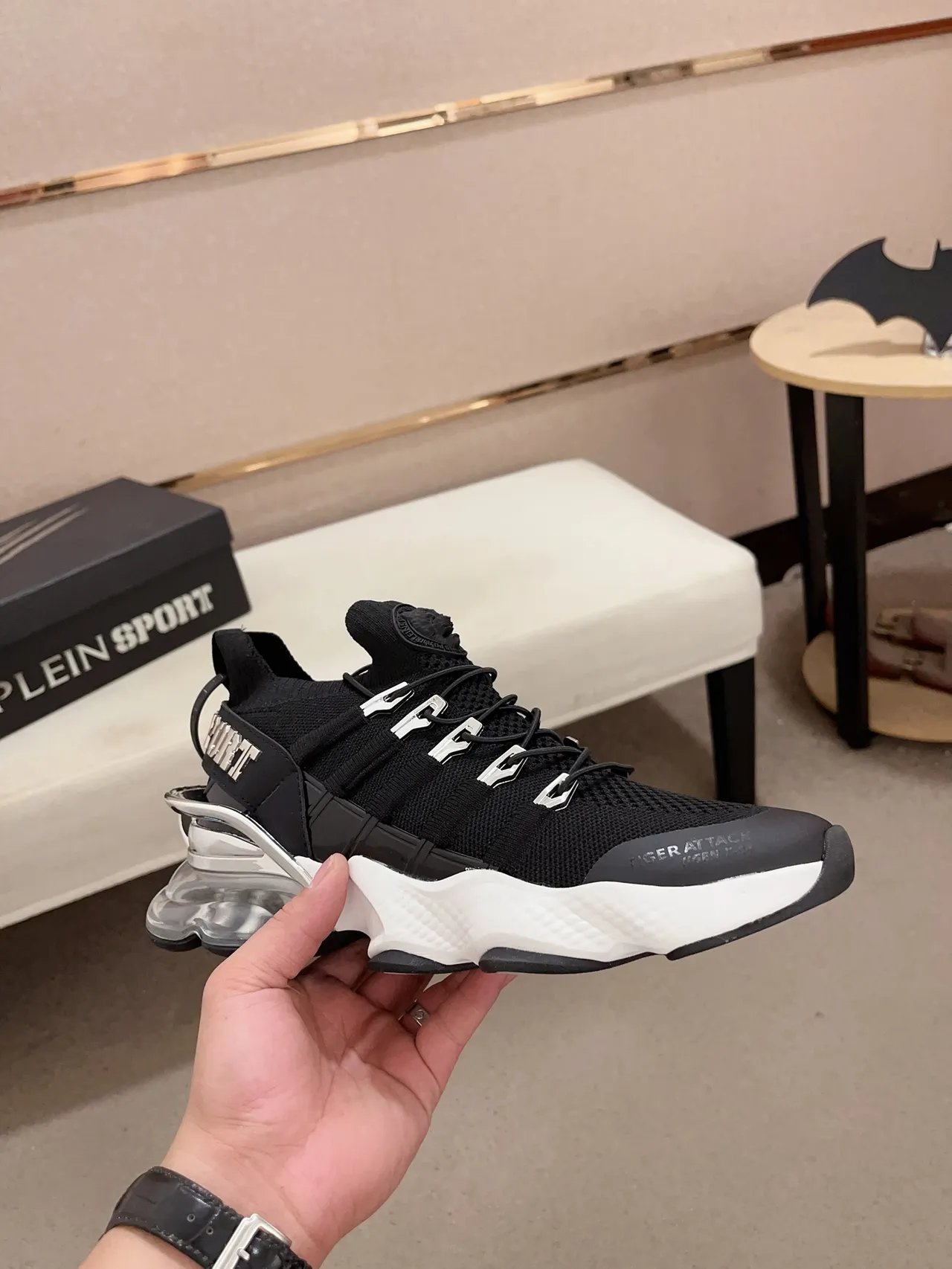 Philipp Plein Black White Knit Sock-Like Upper Metallic D-Ring Lacing System Chunky Sneakers