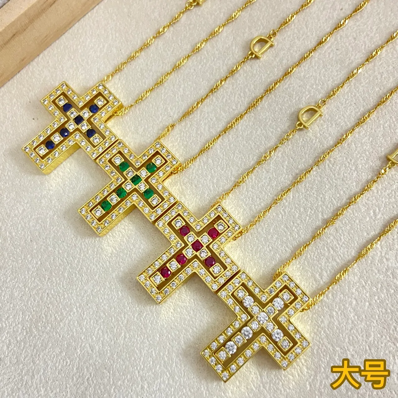 Gold Multicolor Geometric Cross Pendant Pavé-Set Stones Necklace