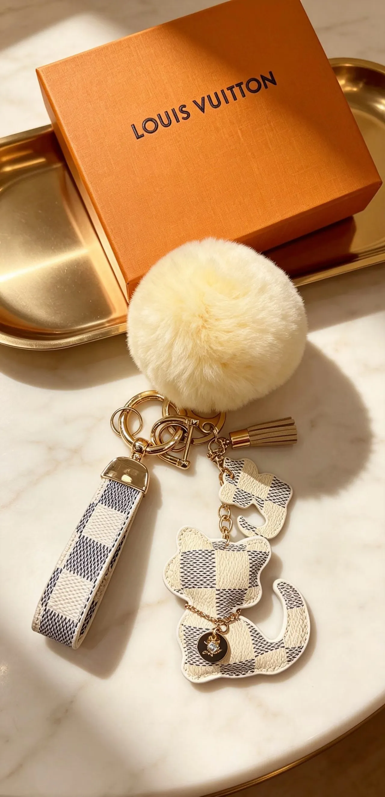 Louis Vuitton Teddy Bear Beige Black Damier Check Leather Pom-Pom Accent Phone Accessory
