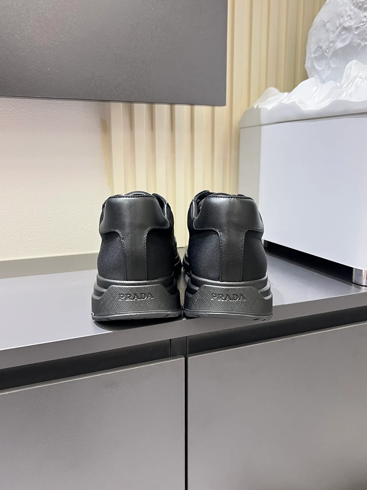 Prada Black Gray Leather And Textile Upper Metallic Triangle Logo Plaque Lifestyle Sneakers