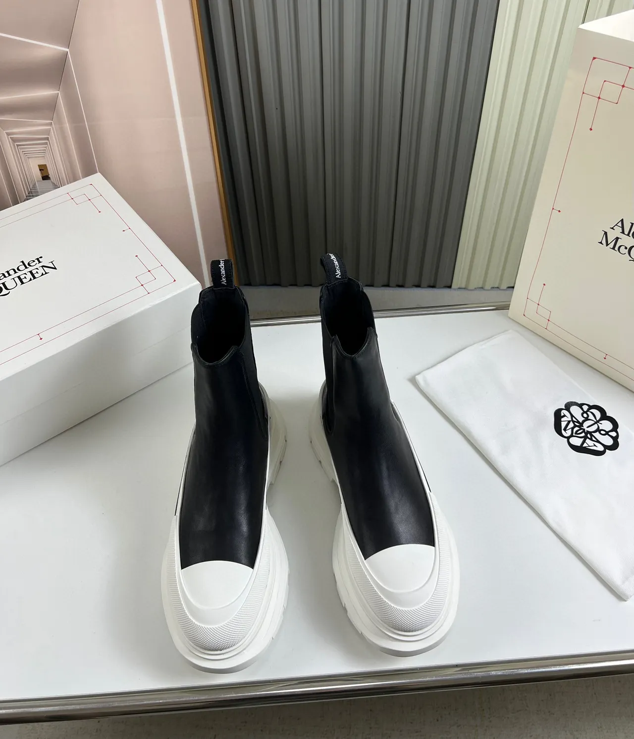 Alexander McQueen Black White Chunky Platform Sole Elastic Side Panels Chelsea Boots