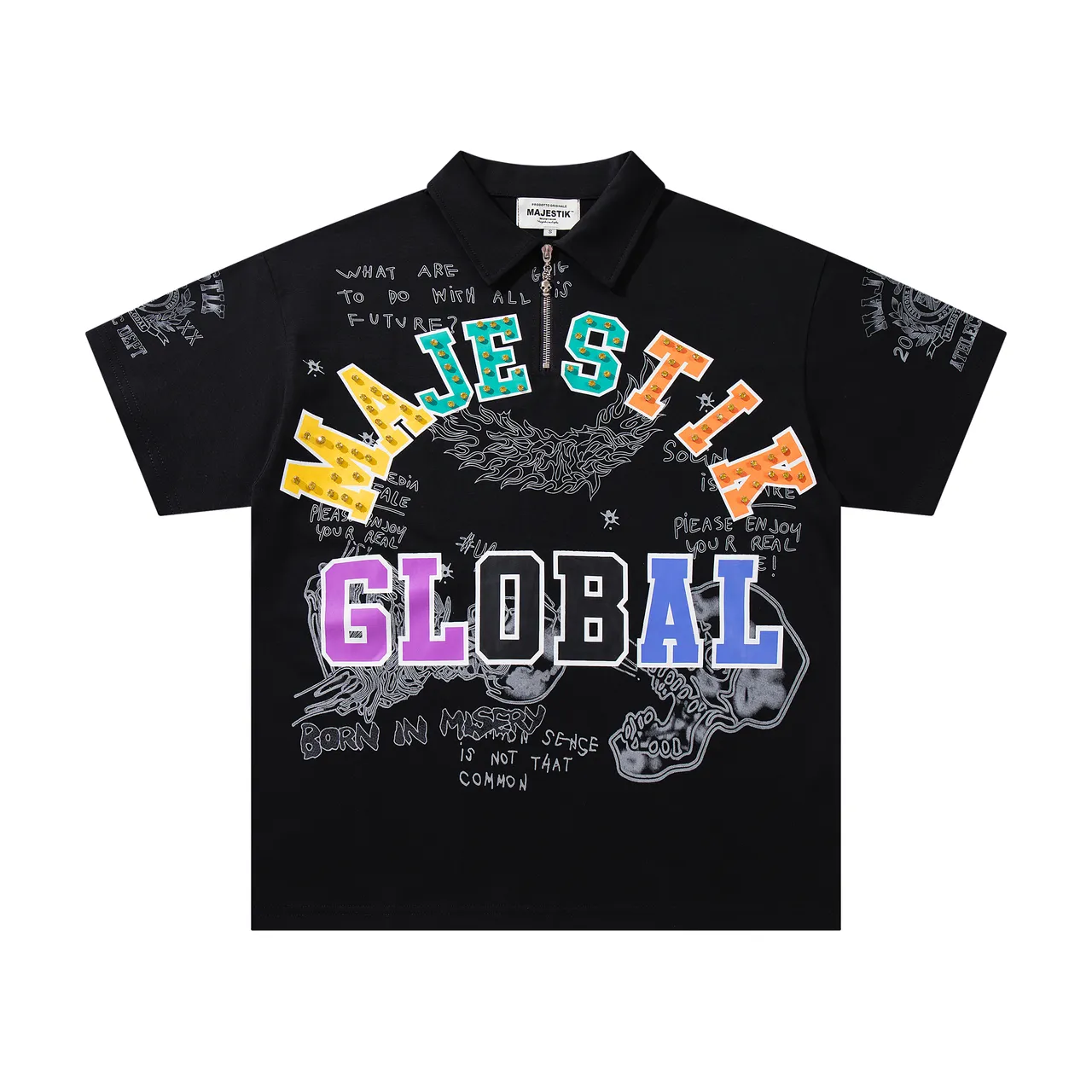 MAJESTIK Graphic-Print Zip-Placket Black Polo Shirt